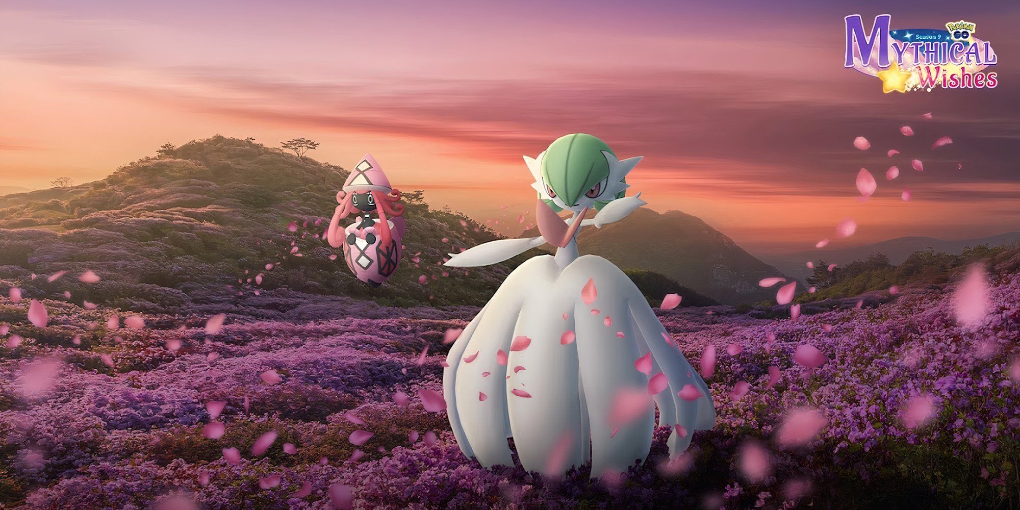 Image of Mega Gardevoir and Tapu Lele from Pokemon in a flower pedal-covered field.