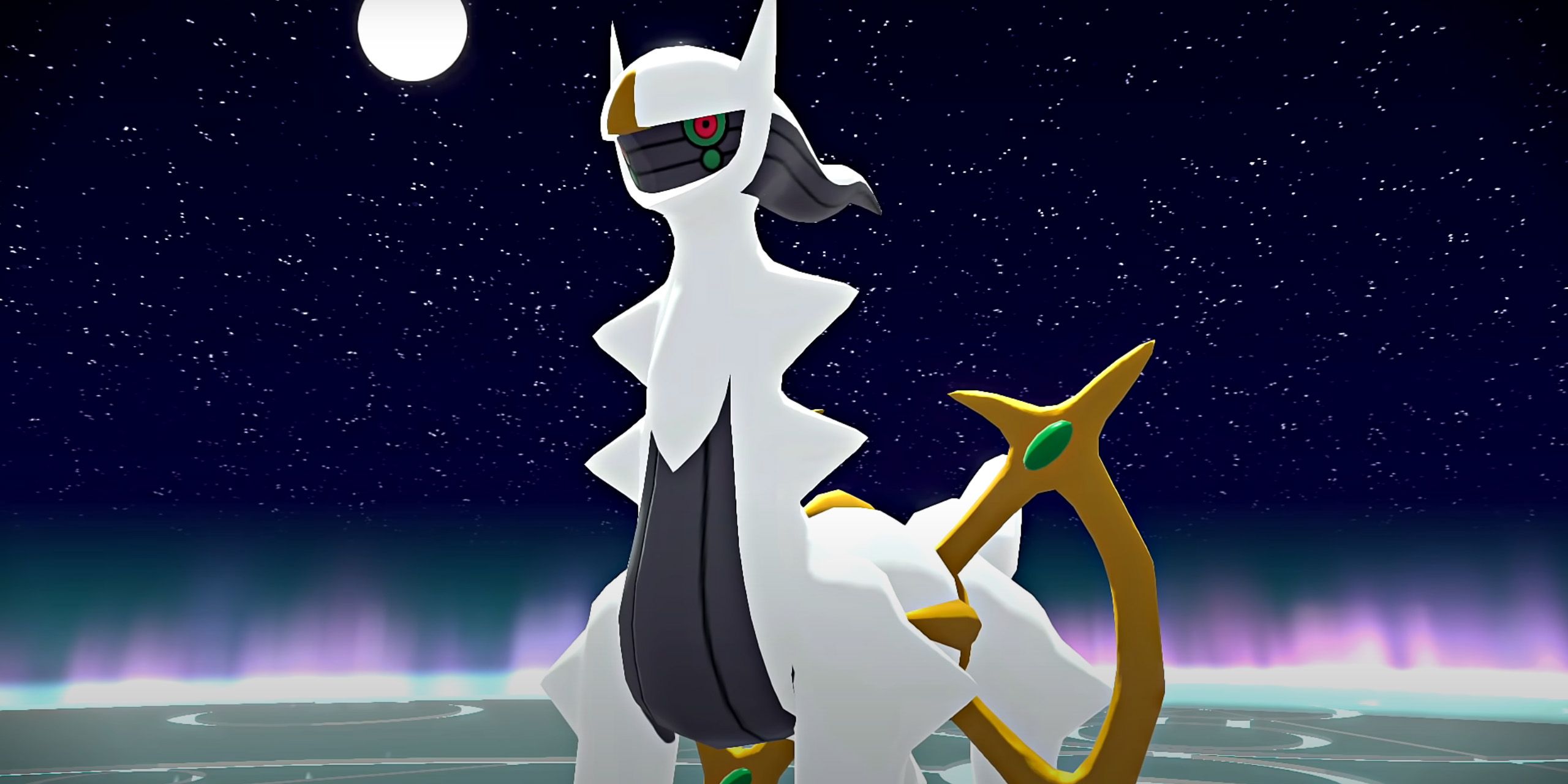 Arceus stands under a starry sky and a full moon from Pokemon Legends Arceus.