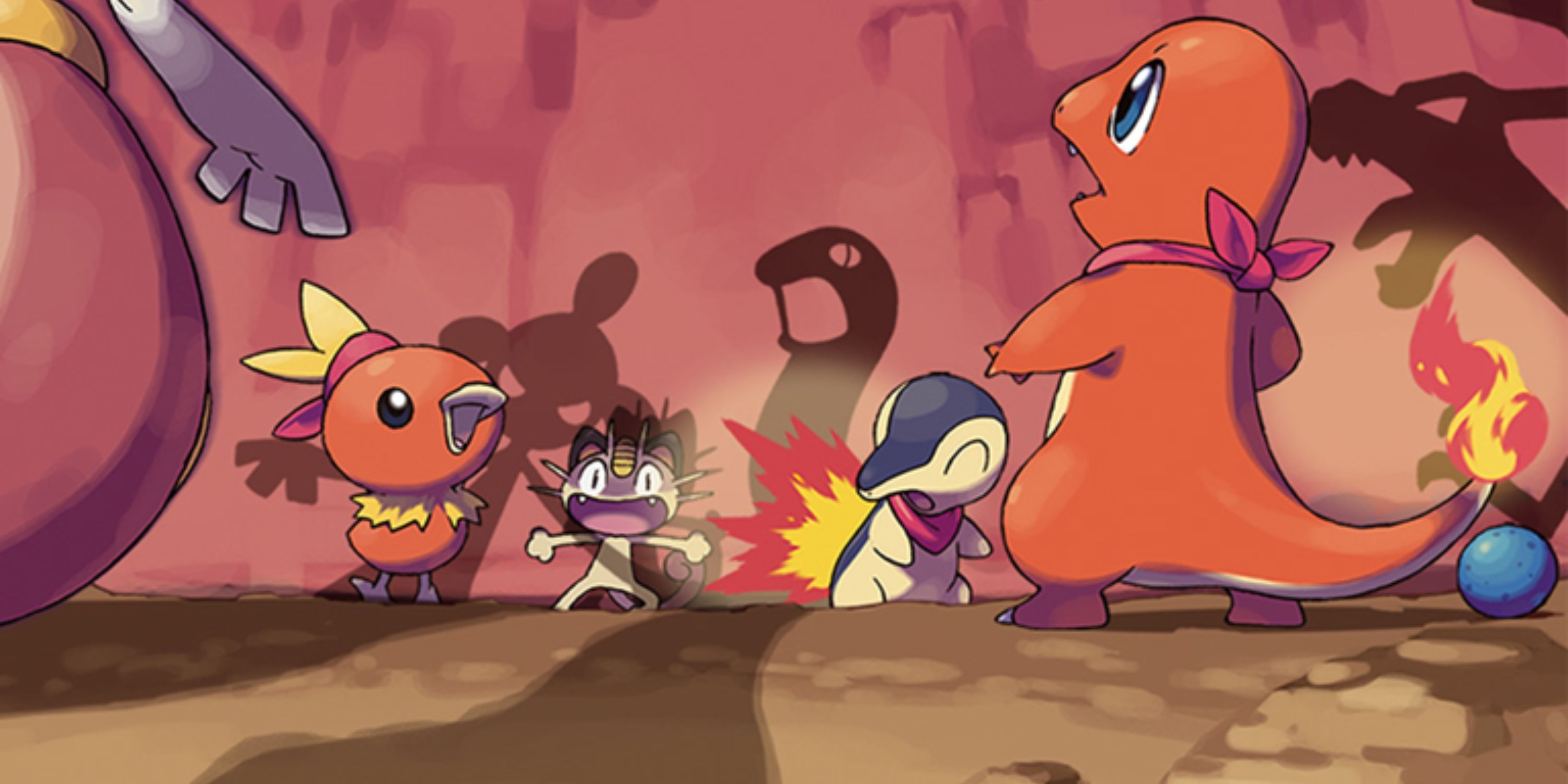 Charmander، Meowth، Cyndaquil و Torchic در غاری با سایه‌های ترسناک درون آن در Pokemon Red Mystery Dungeon ایستاده‌اند.