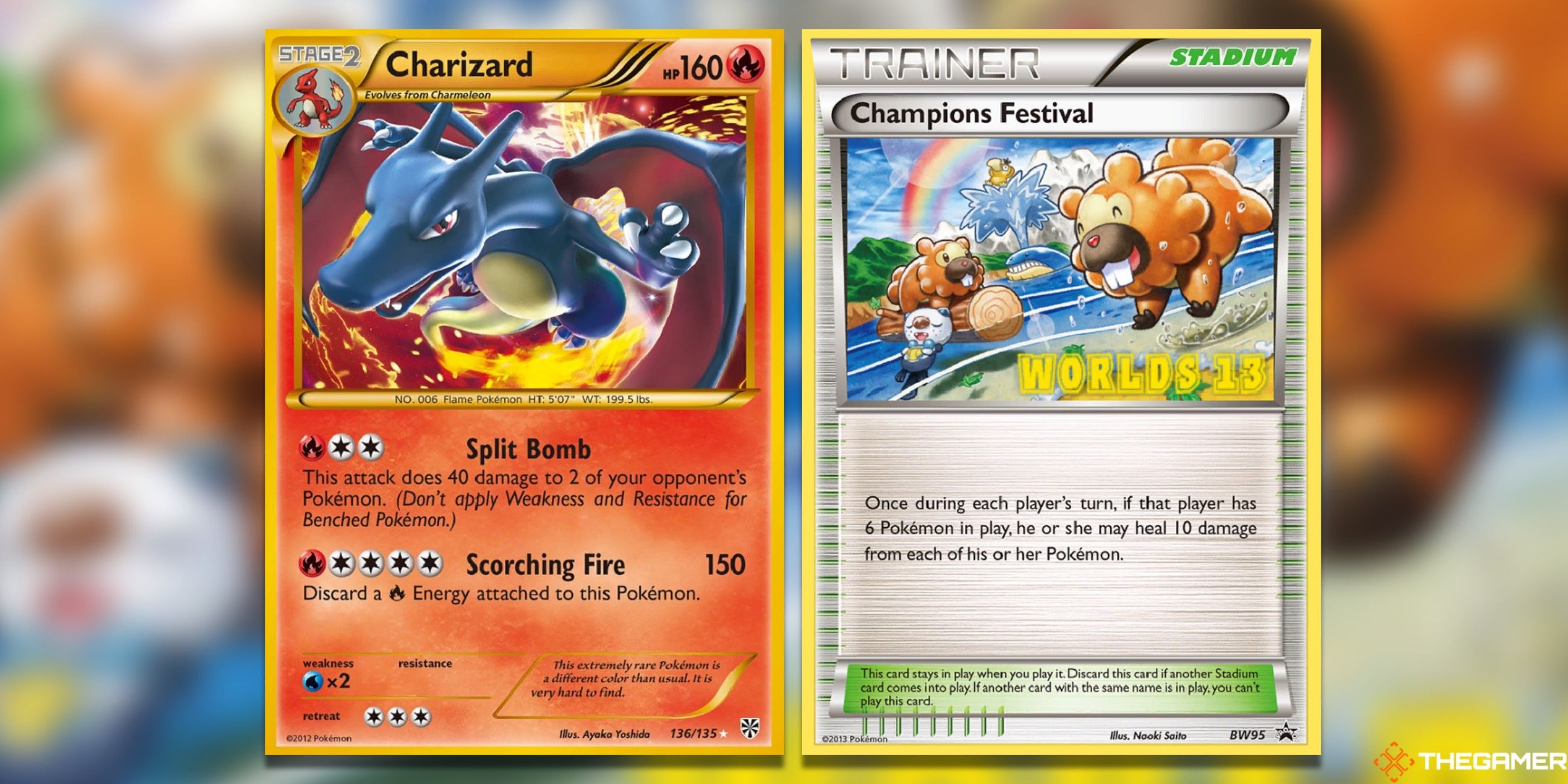 The Charizard from Plasma Storm and the Champions Festival Worlds 13 Promo from the Pokemon TCG.