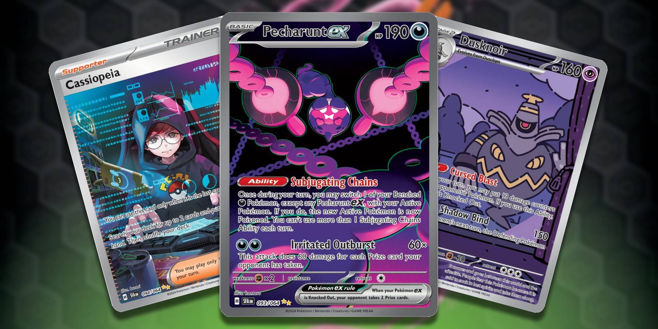 The most valuable cards of the Pokémon Trading Card Game from Shrouded Fable: Cassiopeia, Pecharunt ex and Dusknoir