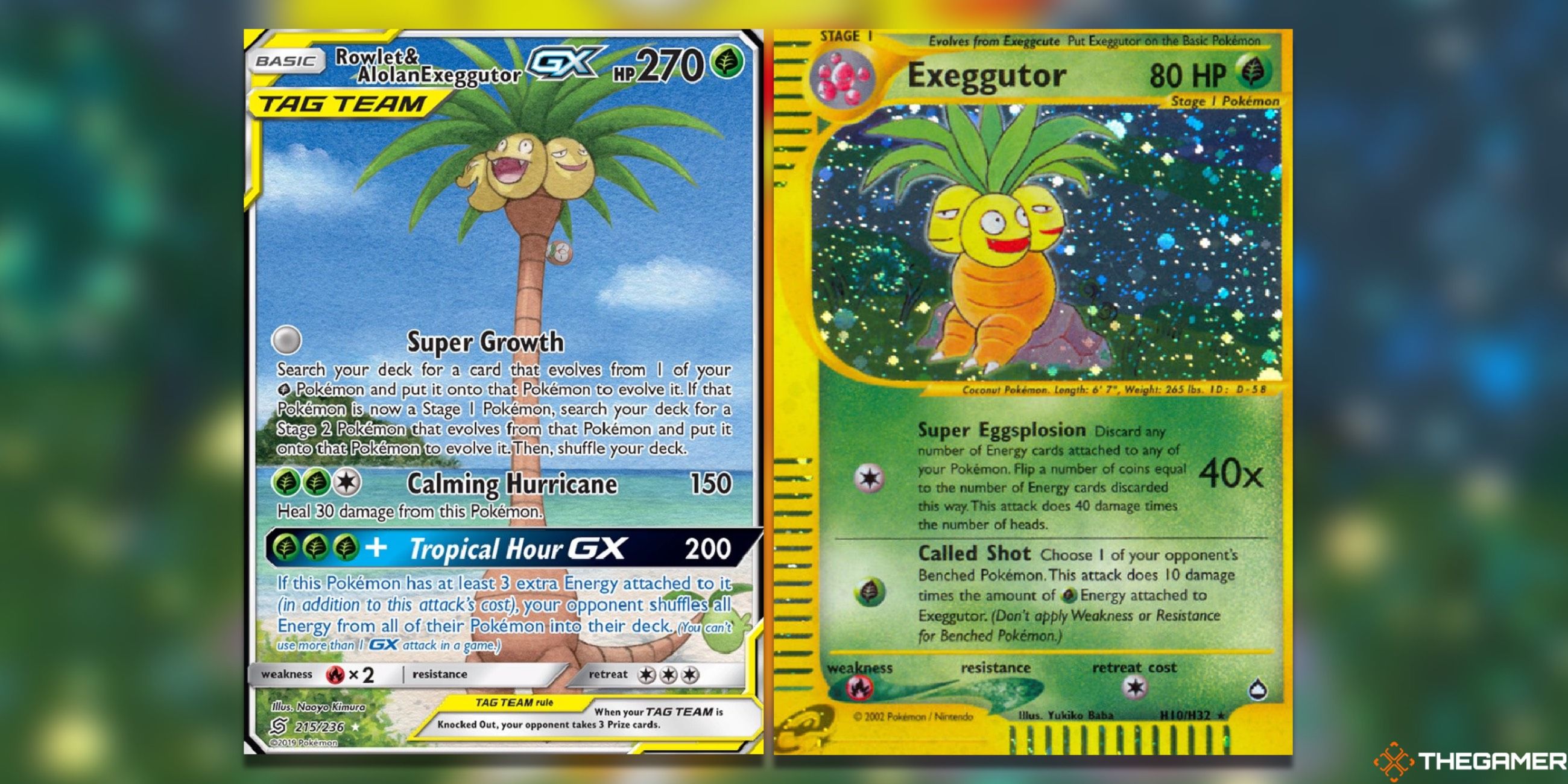 Rowlet & Alolan Exeggutor GX from Unified Minds and Exeggutor from Aquapolis in the Pokemon Trading Card Game.