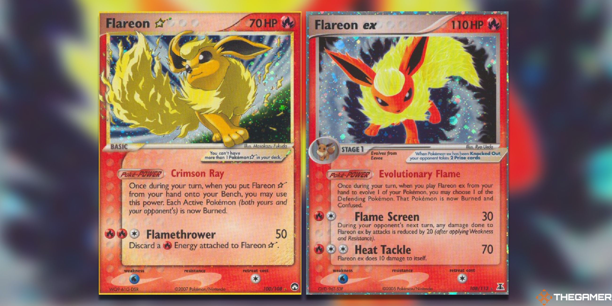 The Flareon Star from Power Keepers and Flareon ex from Delta Species in the Pokemon TCG.