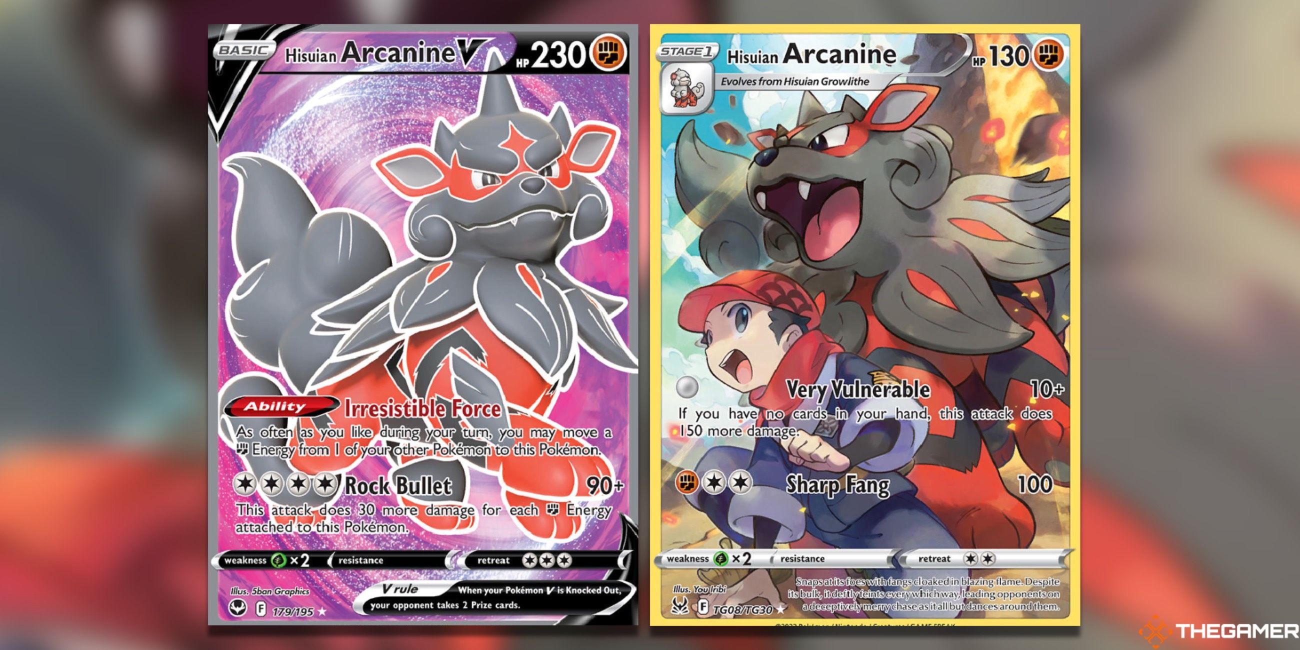 The Hisuian Arcanine V from Silver Tempest and Hisuian Arcanine Trainer Gallery from Lost Origin in the Pokemon TCG.