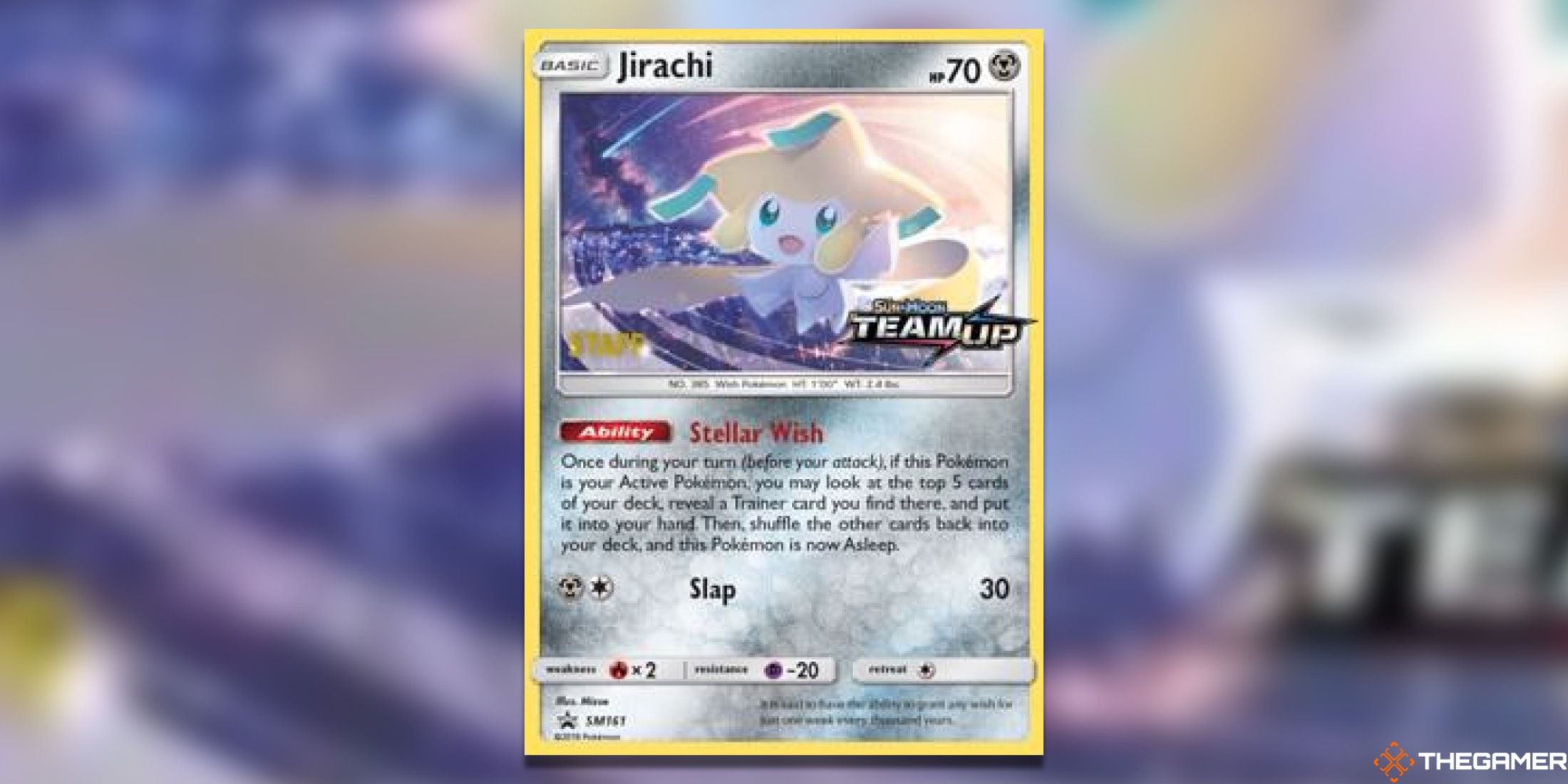 The Jirachi SM Staff promo from the Pokémon Trading Card Game.