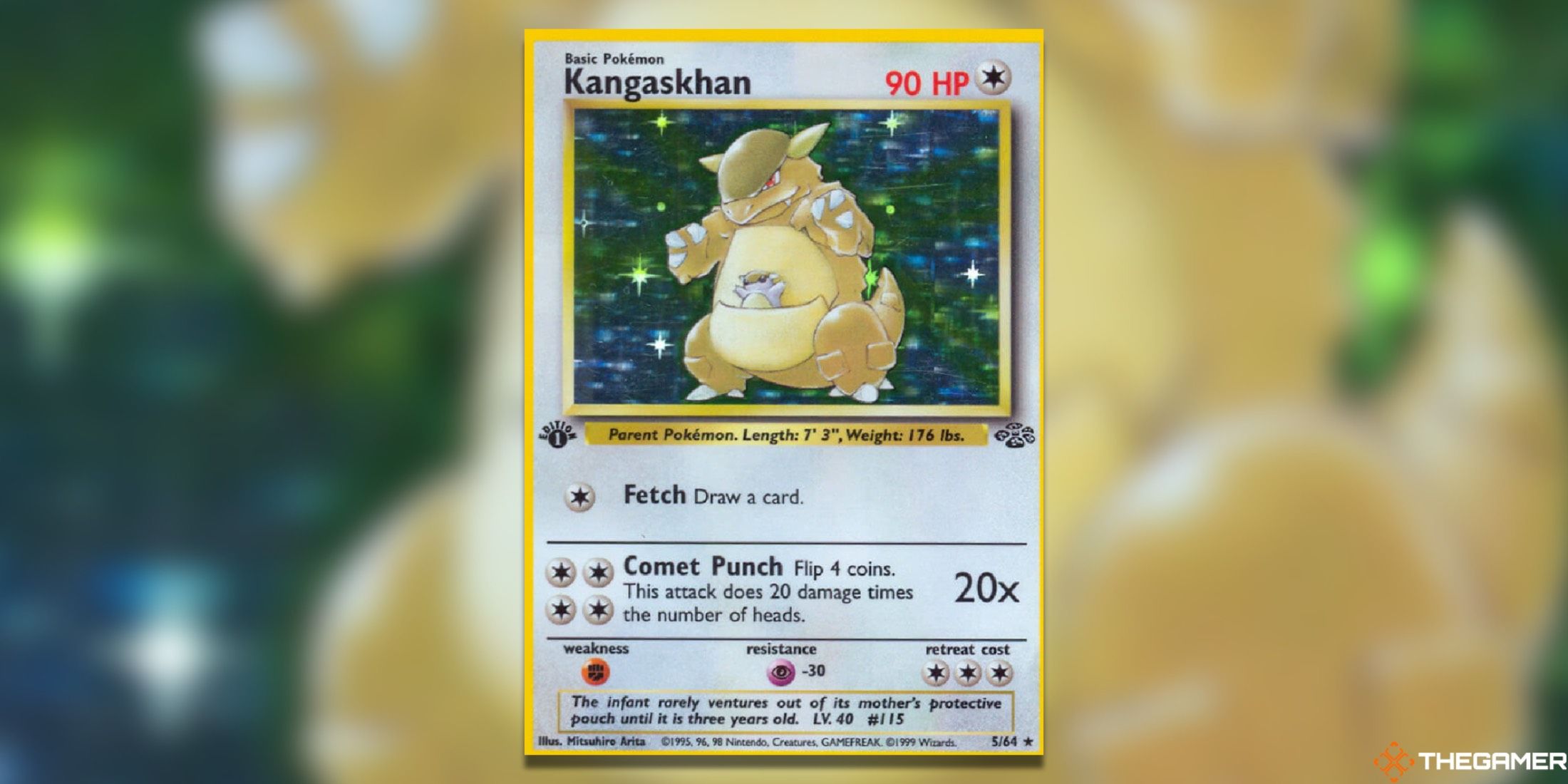 The rare Kangaskhan holo from the jungle in the Pokémon Trading Card Game.