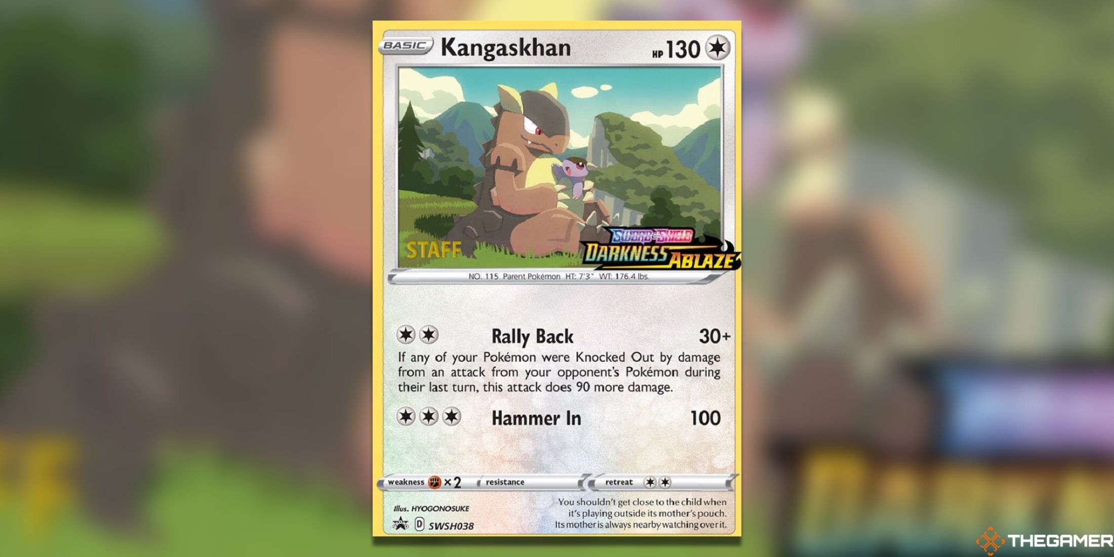 The prerelease promo for the Kangaskhan Sword and Shield Staff from the Pokémon Trading Card Game.