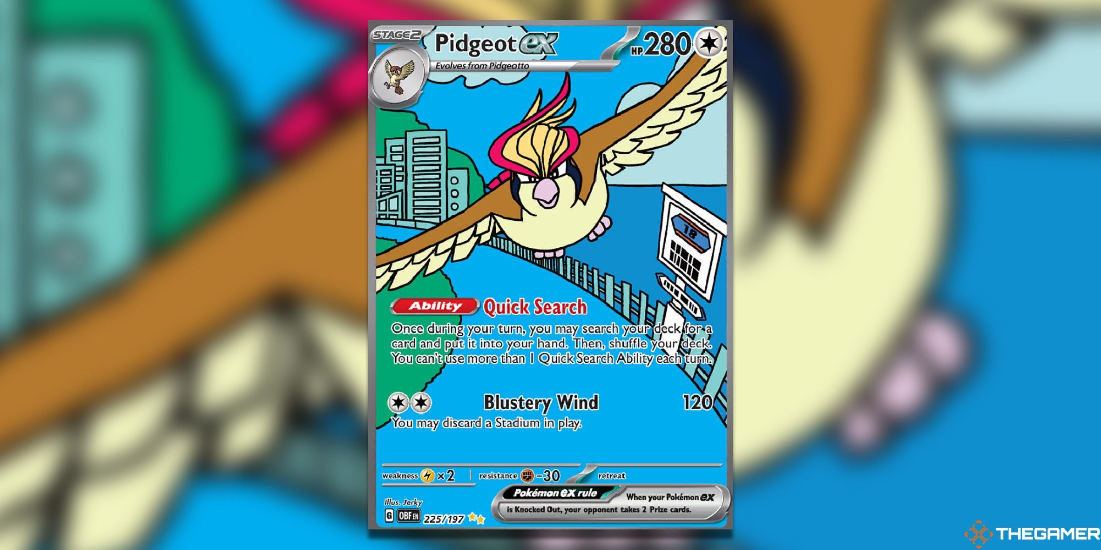 The Pidgeot from Obsidian Flames in the Pokémon Trading Card Game.