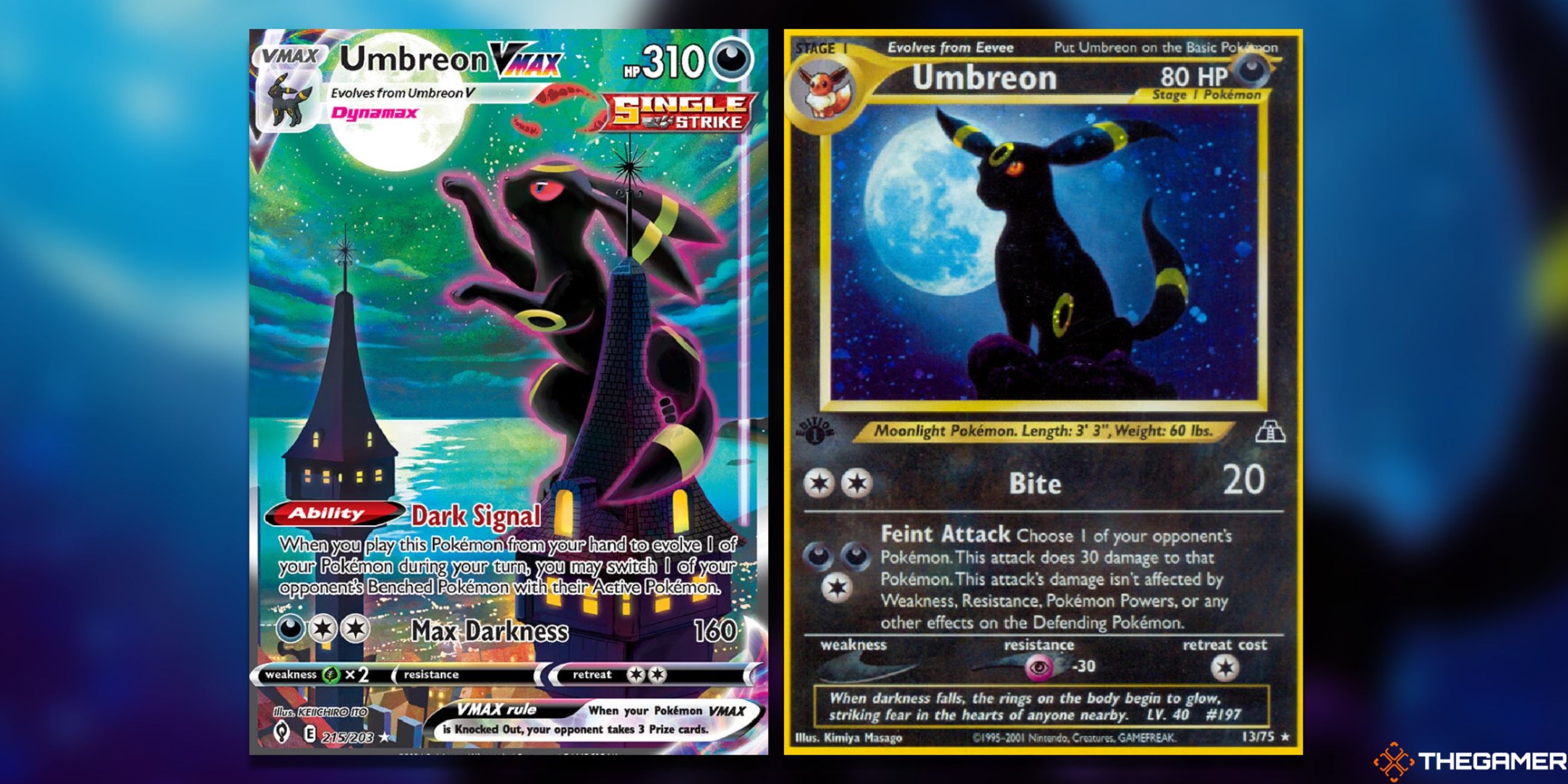 Umbreon VMAX from Evolving Skies and Umbreon from Neo Discovery in the Pokémon Trading Card Game.