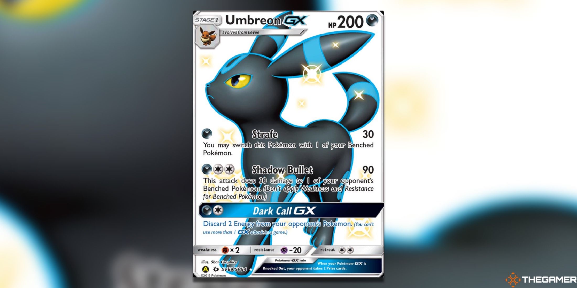 The shiny Umbreon from the Shiny Vault of Hidden Fates in the Pokémon Trading Card Game.