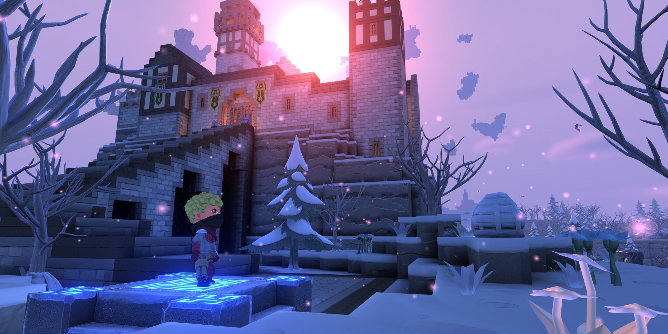 A player standing on a glowing, blue pad near a stone castle during winter.