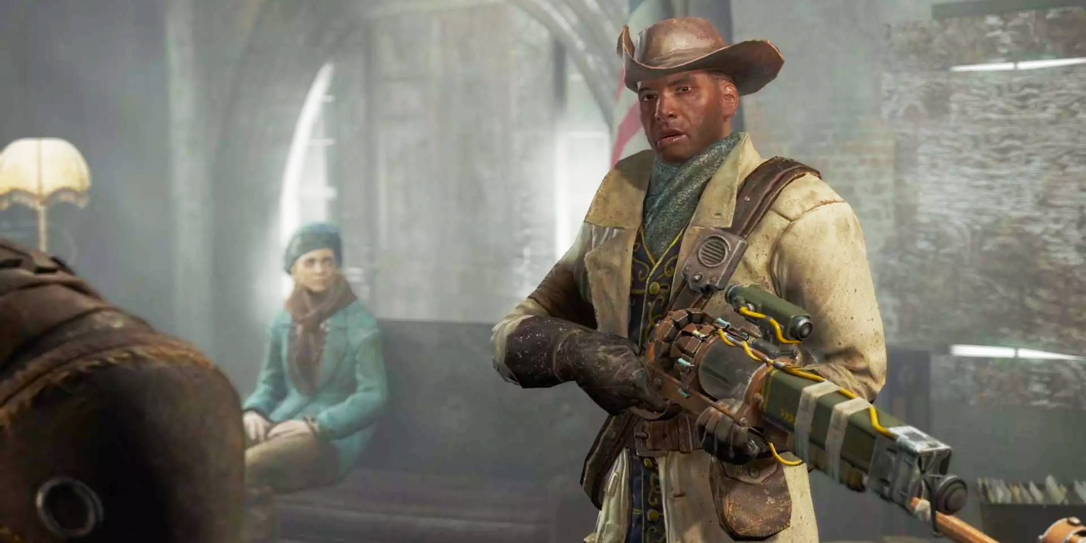 Preston Garvey holding a laser musket and talking to the player in Concord in Fallout 4.