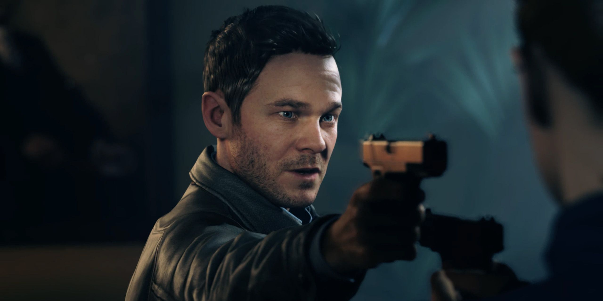 Jack Joyce aiming a gun at an enemy in Quantum Break.