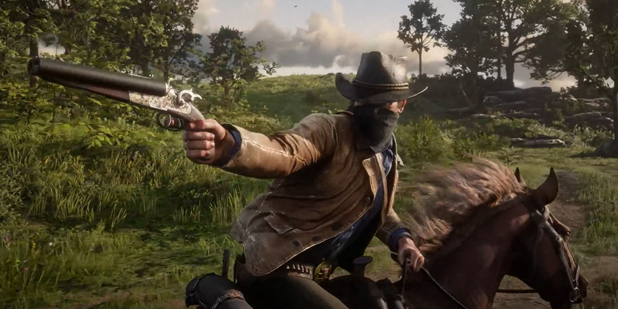 Arthur Morgan aiming his gun while riding a horse through a forest in Red Dead Redemption 2.