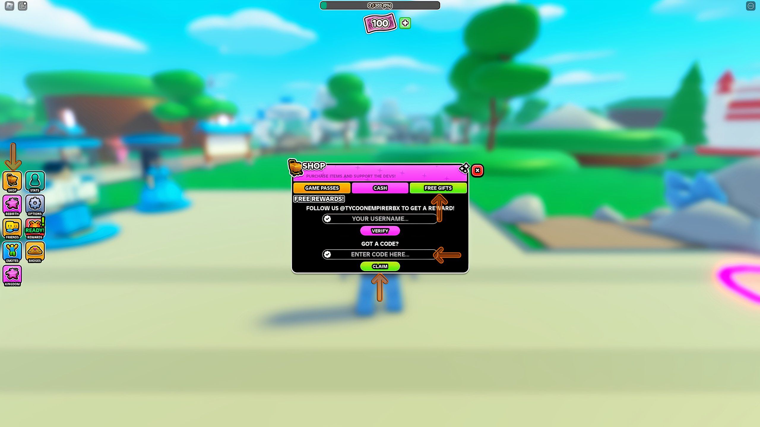 the codes section in Princess Tycoon on Roblox