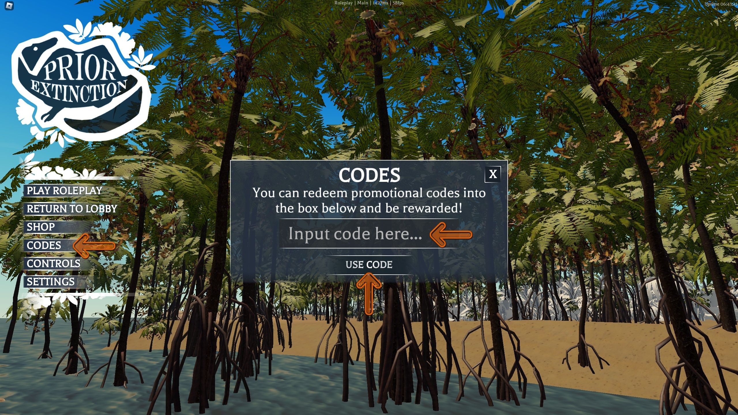 the codes box in Prior Extinction on Roblox