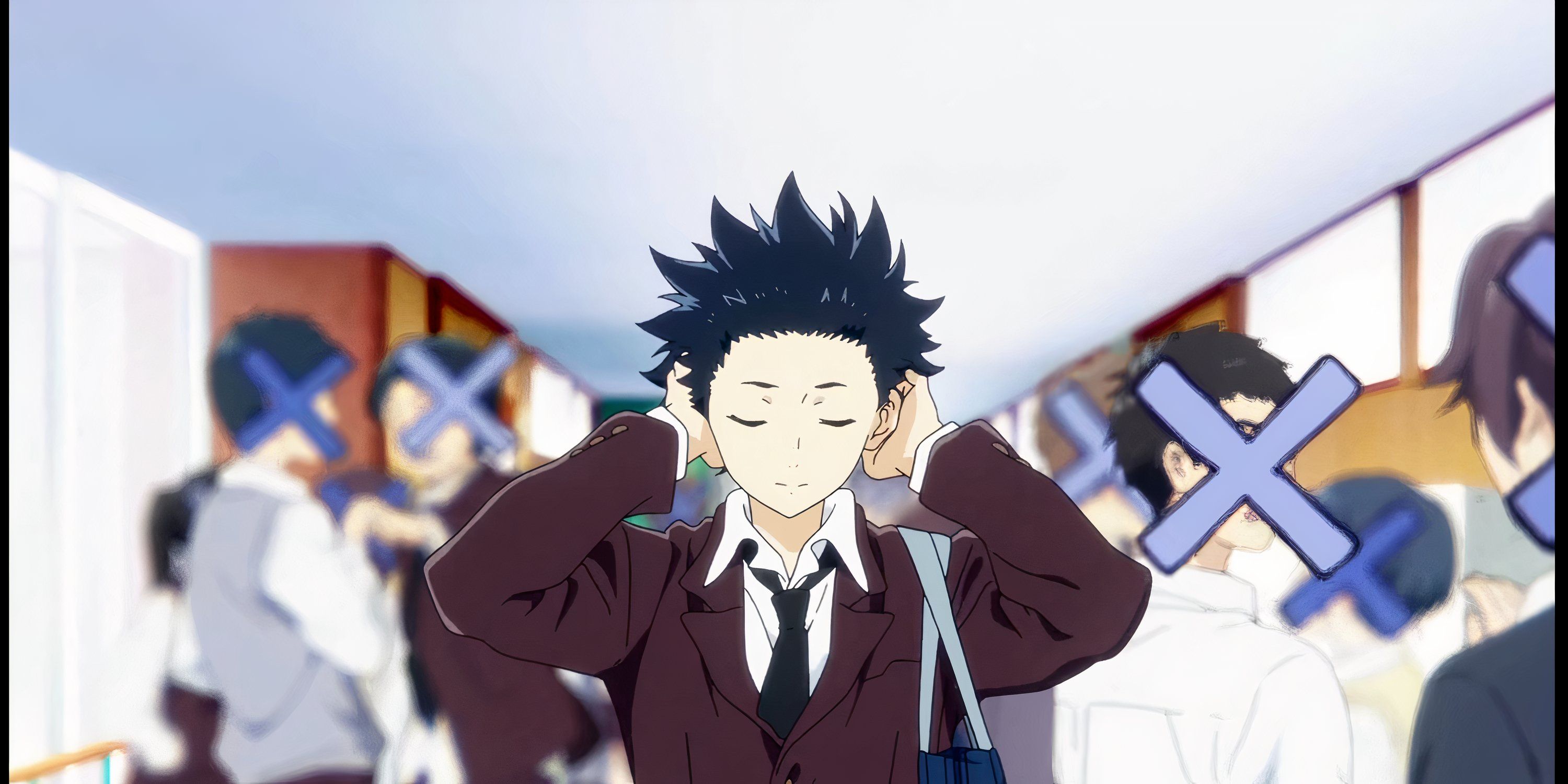 Shoya Ishida standing alone with the background characters' faces crossed out in A Silent Voice.