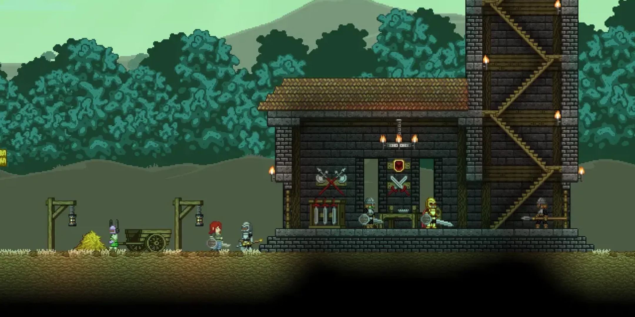A medieval style structure with a tiled roof and armored NPCs inside.