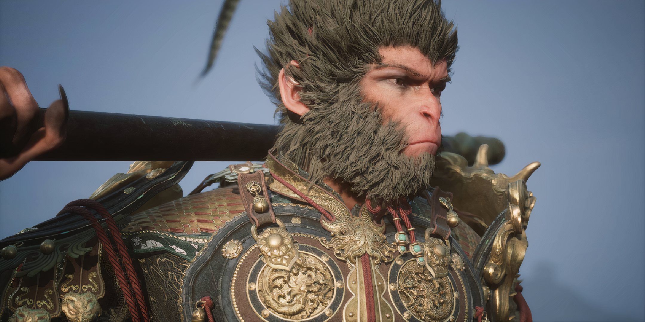 Sun Wukong holding staff behind his back while seriously looking into the distance.