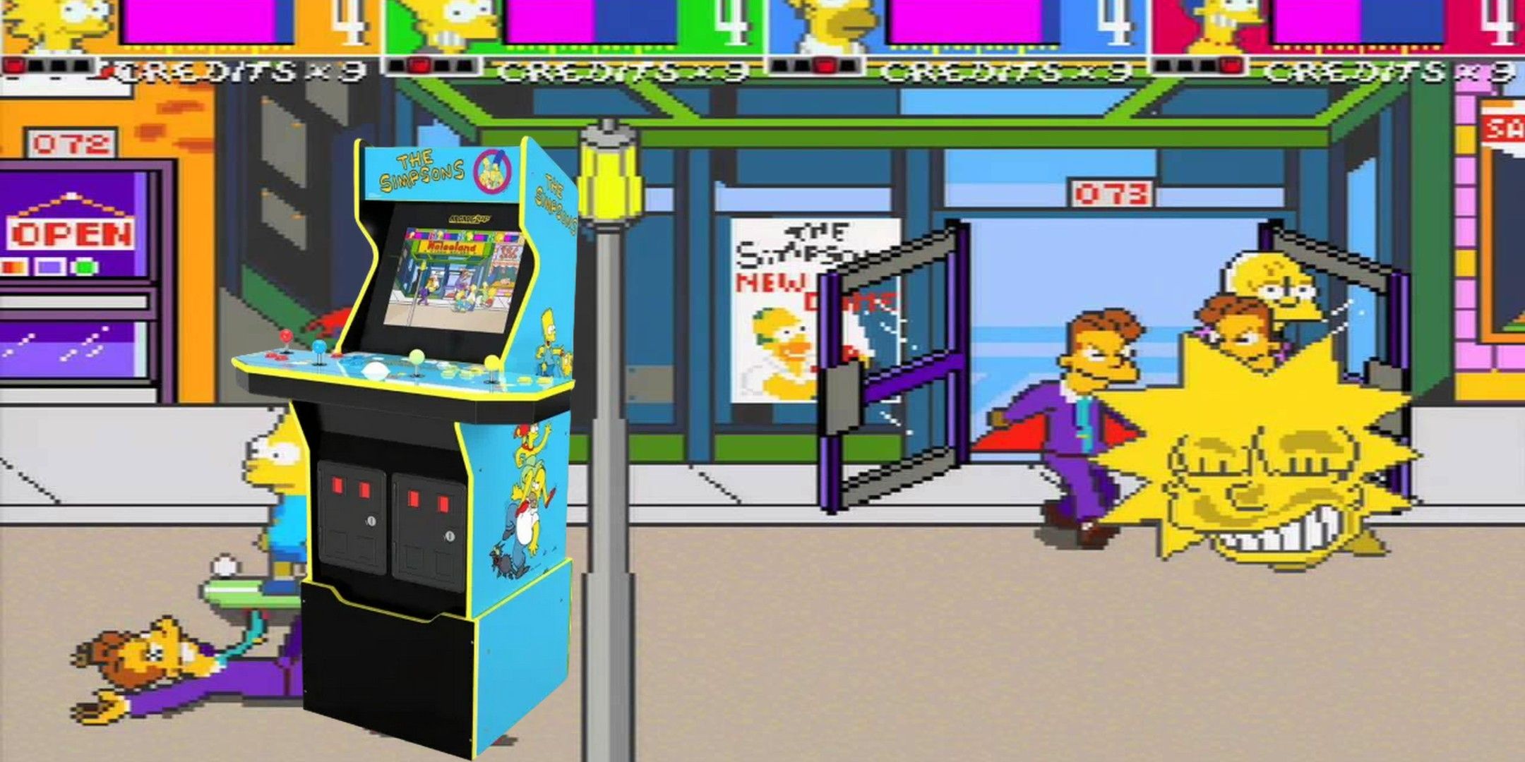 On the left is the Simpsons arcade machine, on the right is Lisa Simpson slamming her face against the fourth wall.