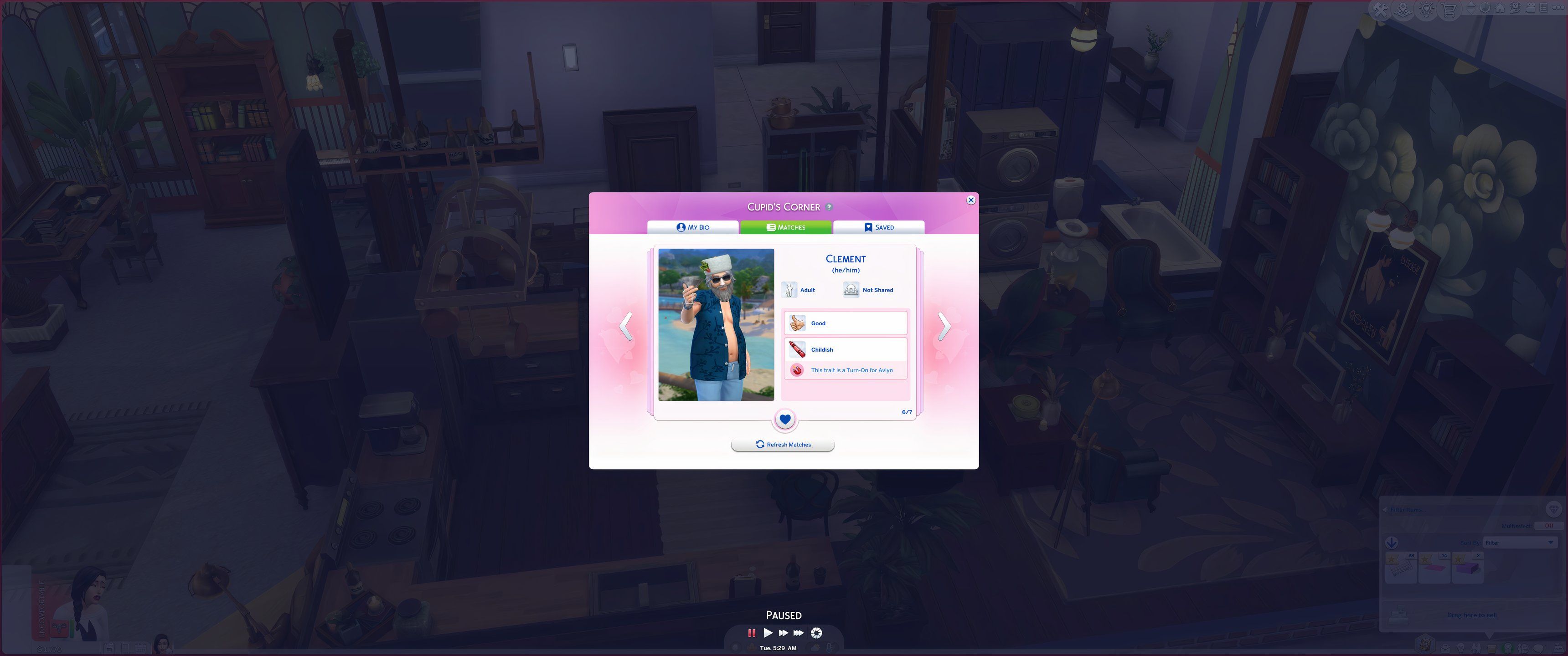 The Sims 4: Lovestruck - A Sim matches with Clement Frost on Cupid's Corner.