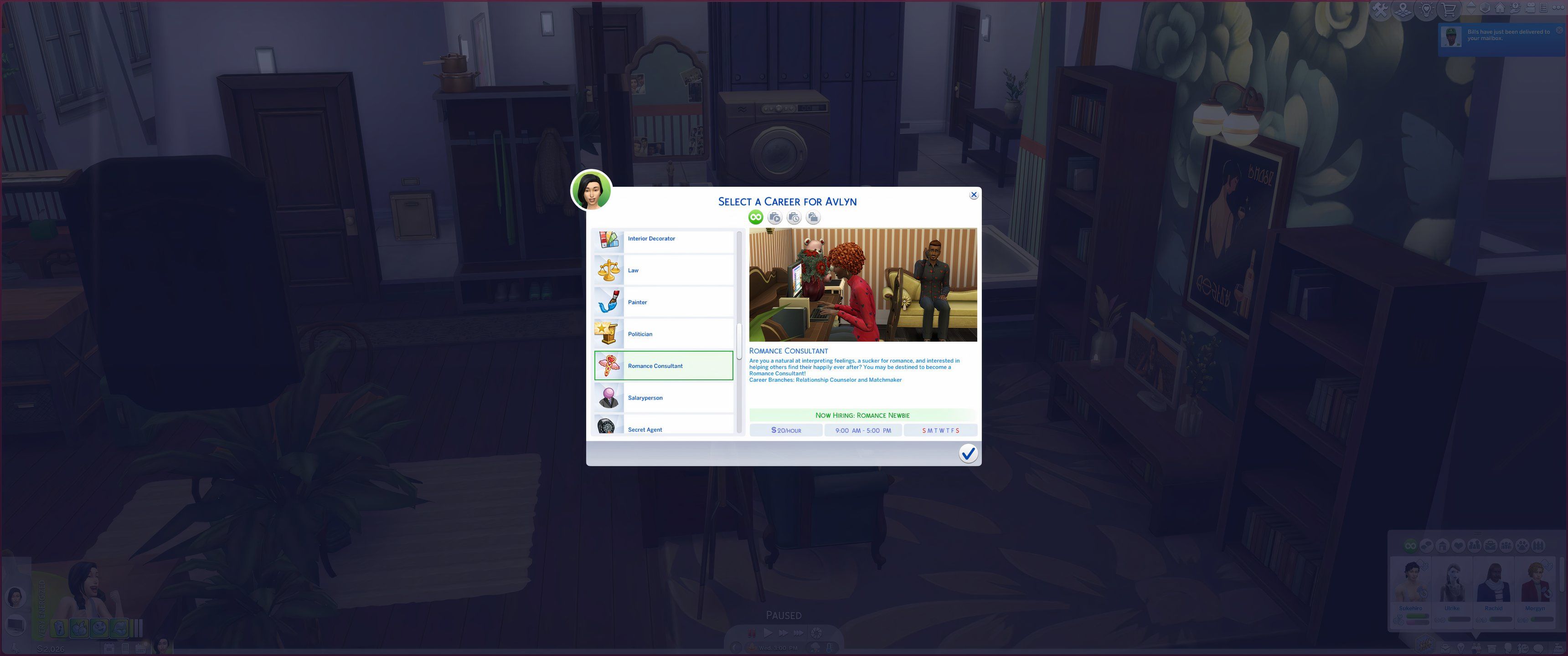 The Sims 4: Lovestruck - The career menu, highlighting the Romance Consultant Career.