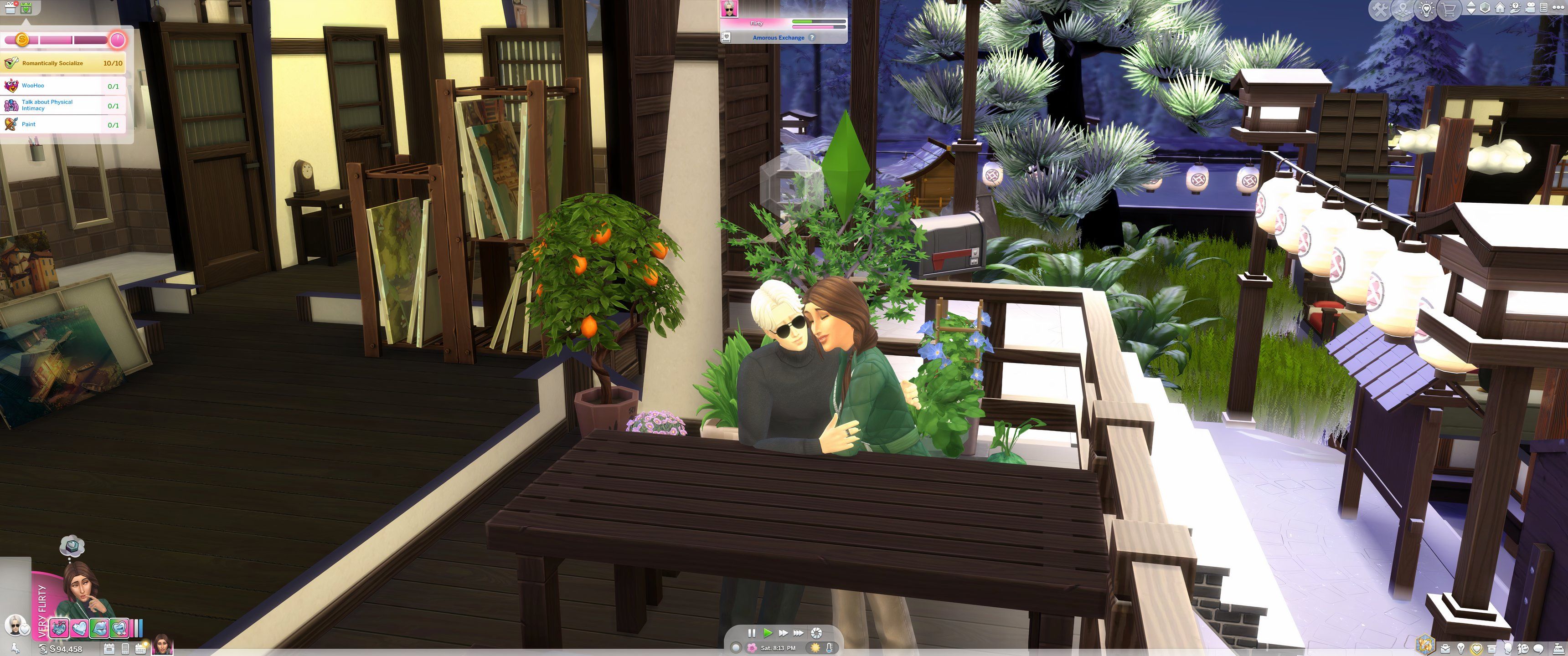 The Sims 4: Lovestruck - Two Sims cuddle in the winter time.