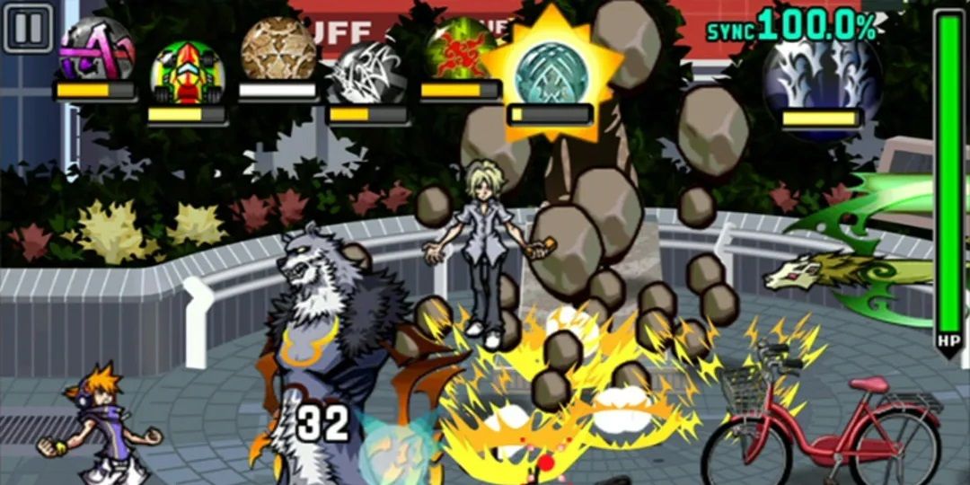 Neku and Joshua fight a large wolf enemy in The World Ends With You.