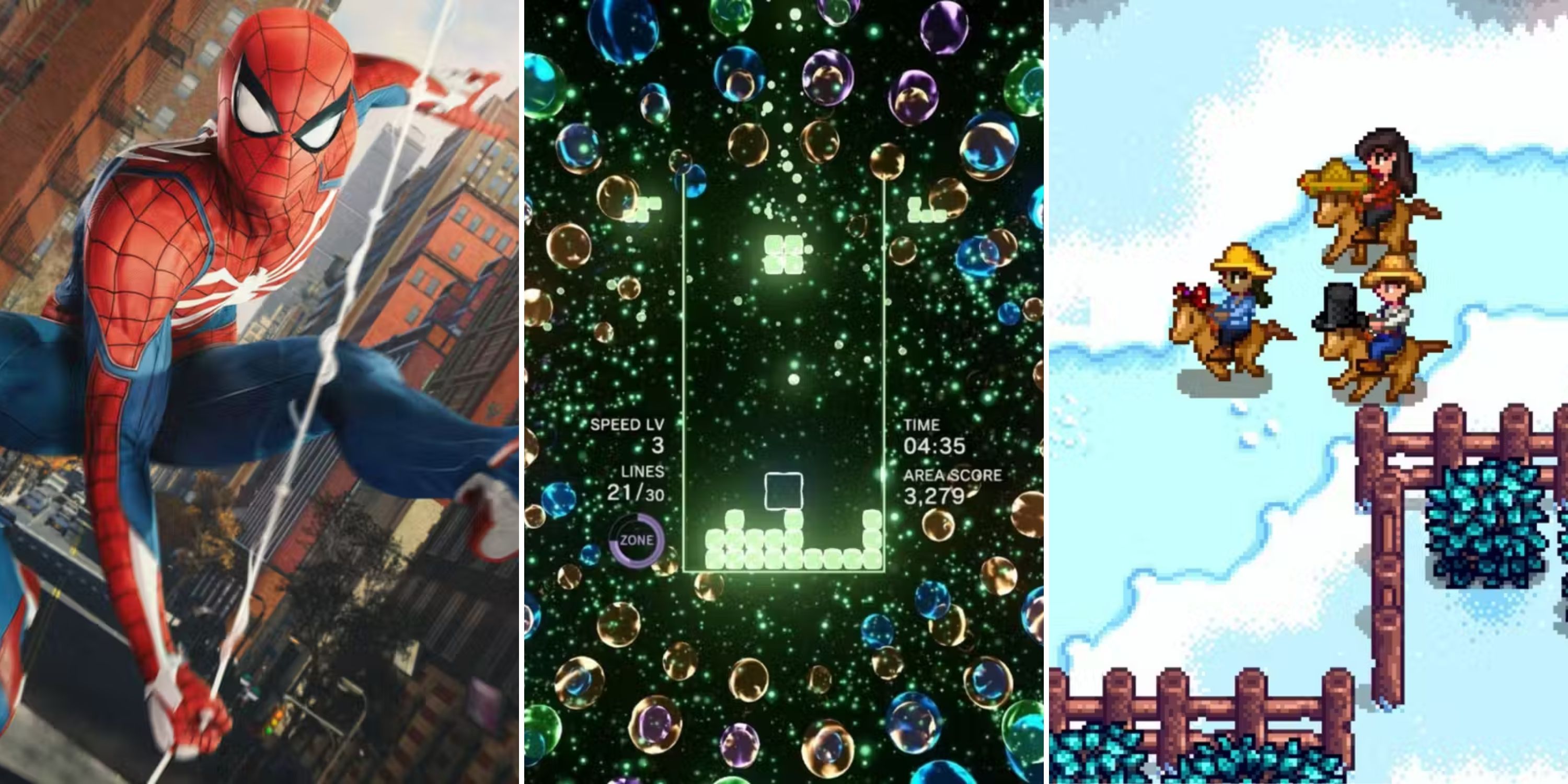 Spider-Man swings through New York, Colorful bubbles float toward a Tetris Board, Three farmers ride horses during the winter. 