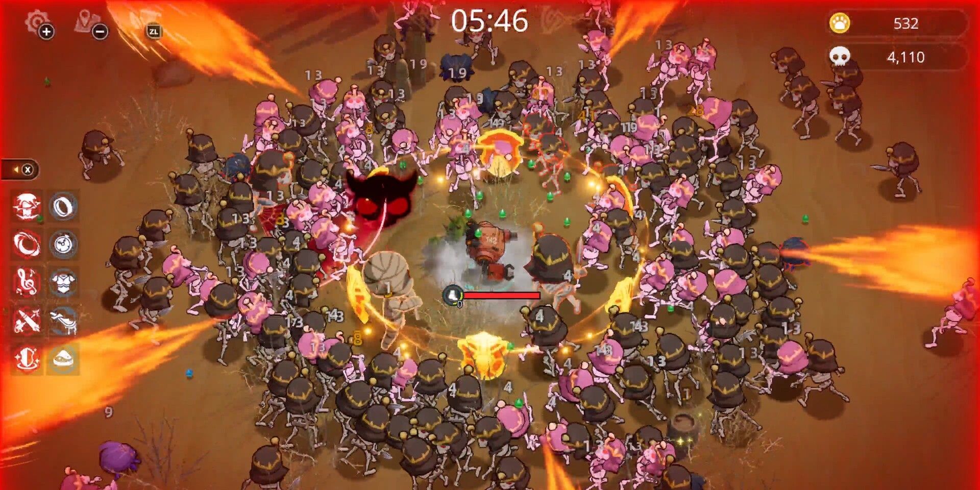 emberfire روبات احاطه شده توسط دشمنان. حلقه ای از سپرهای درخشان از او محافظت می کند و توپ های آتشین به لبه های صفحه نمایش در بازماندگان گرگ و میش پرواز می کنند.
