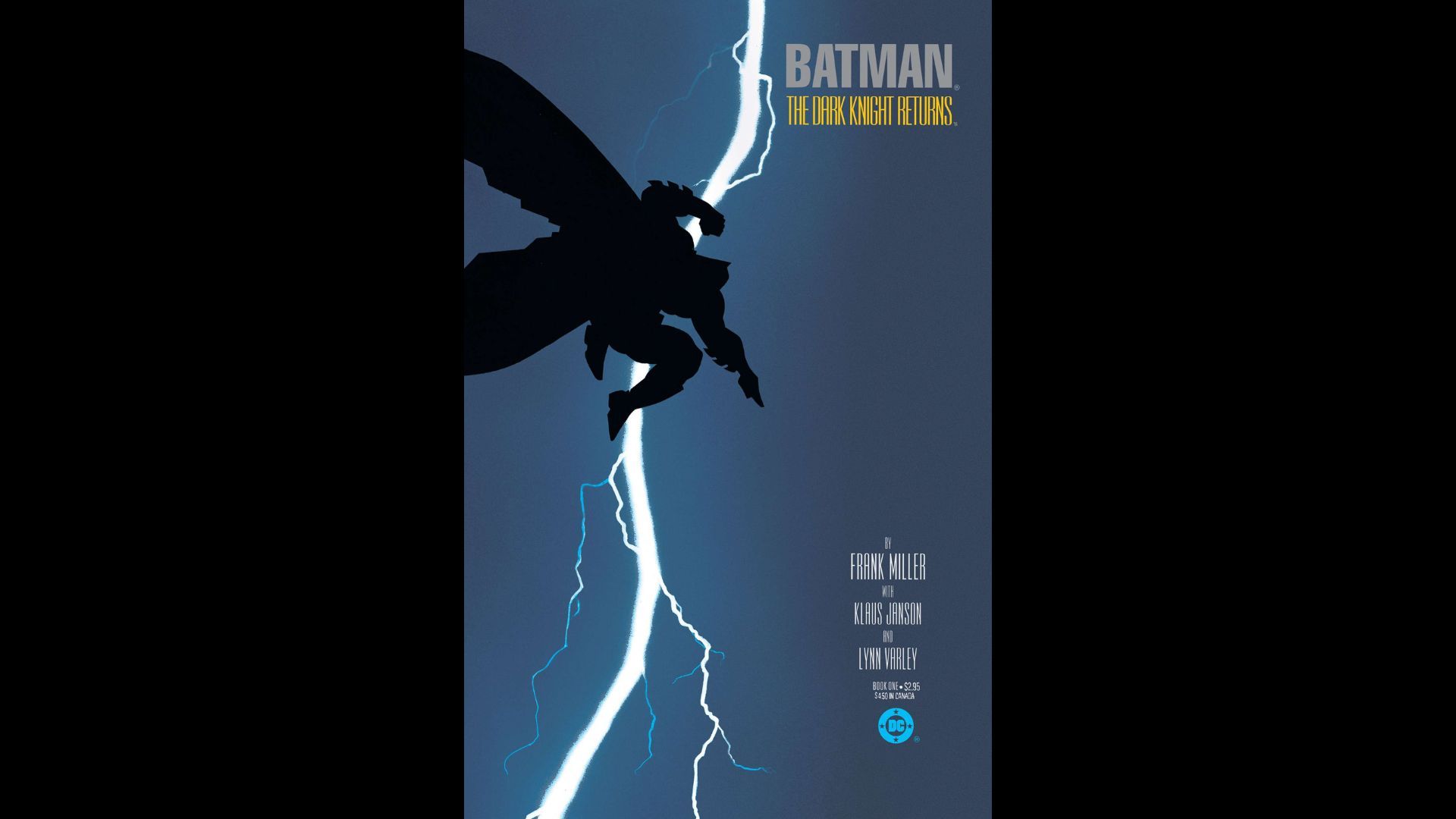 The cover of “The Dark Knight Returns” #1 features the silhouette of Batman jumping across the sky in front of a lightning bolt.