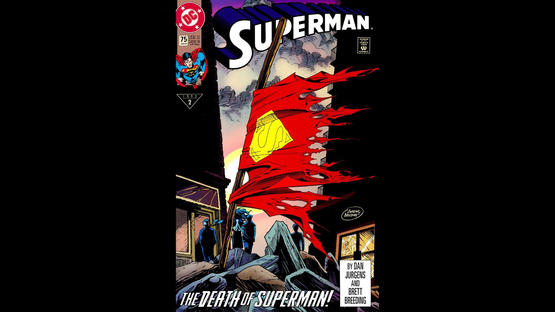 The cover of Superman #75 features a torn Superman cape blowing in the wind.