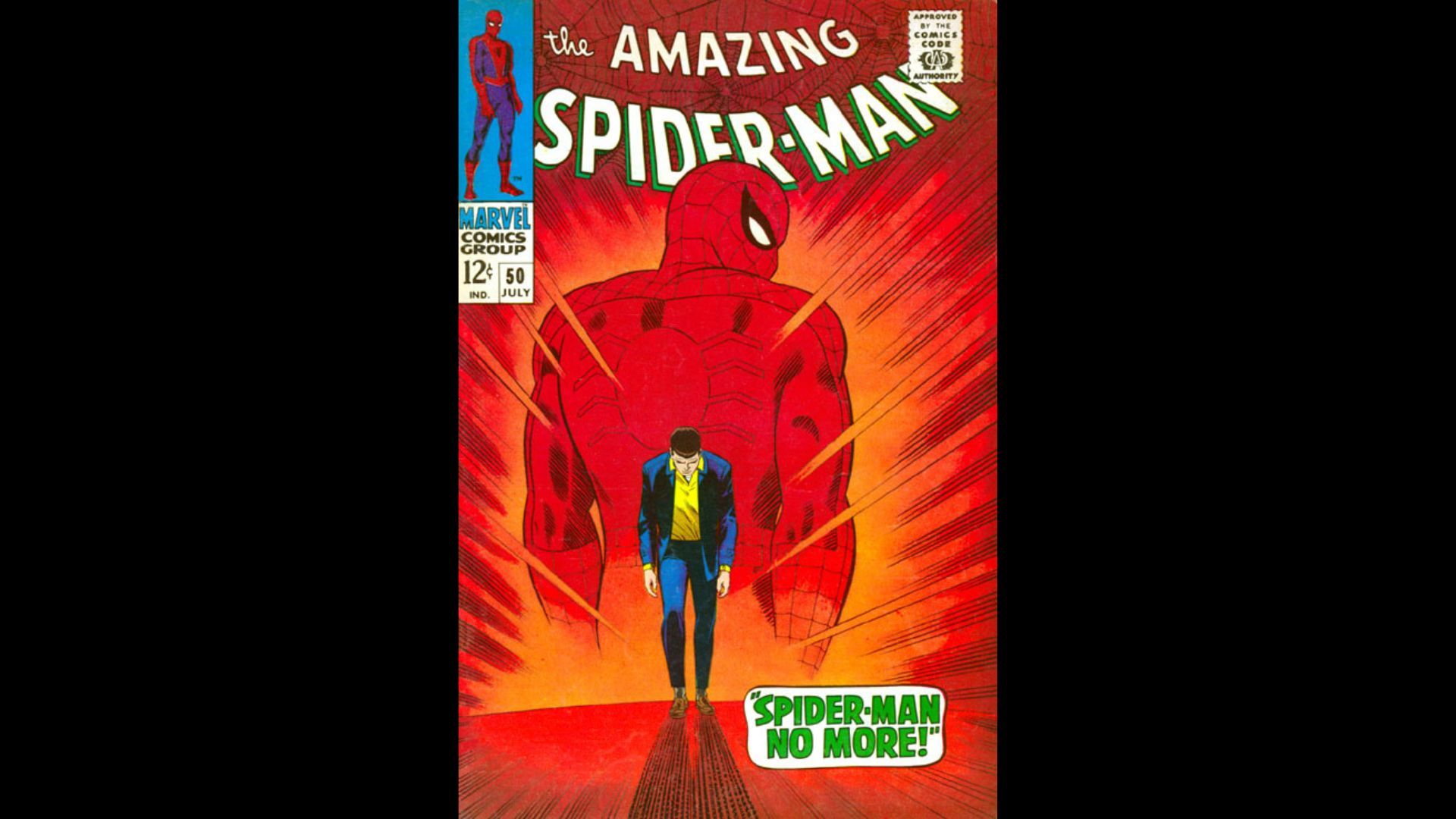 The cover of Amazing Spider-Man #50 shows Peter Parker running away from a threatening Spider-Man.