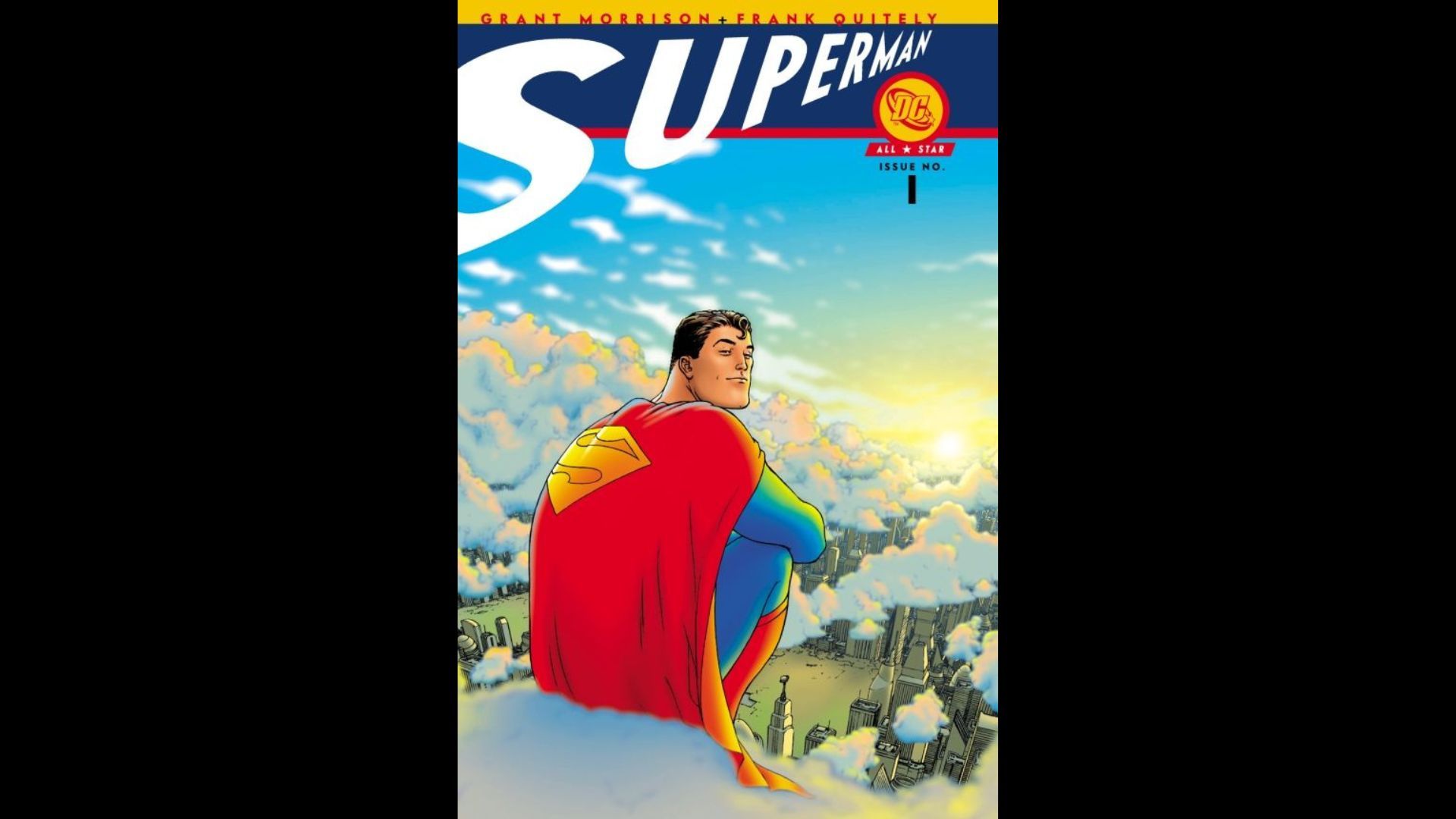 The cover of All-Star Superman #1 shows Superman sitting high above Metropolis.