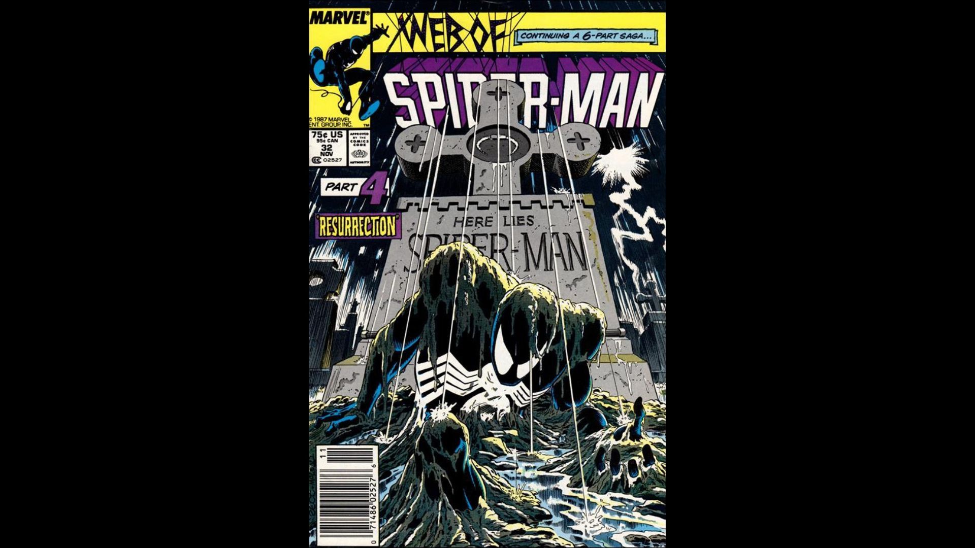 The cover of Web of Spider-Man #32 shows Spider-Man rising from his grave in his black costume.