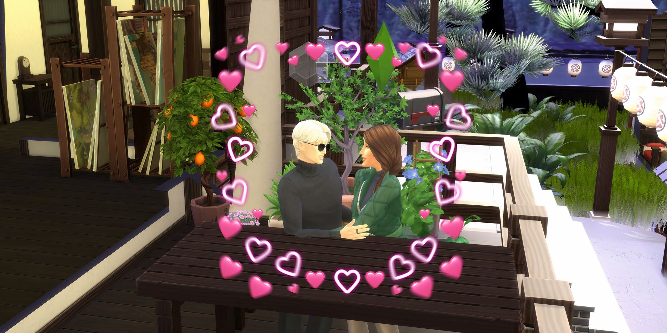 The Sims 4: Lovestruck - Two Sims snuggle up to each other, surrounded by a border of hearts