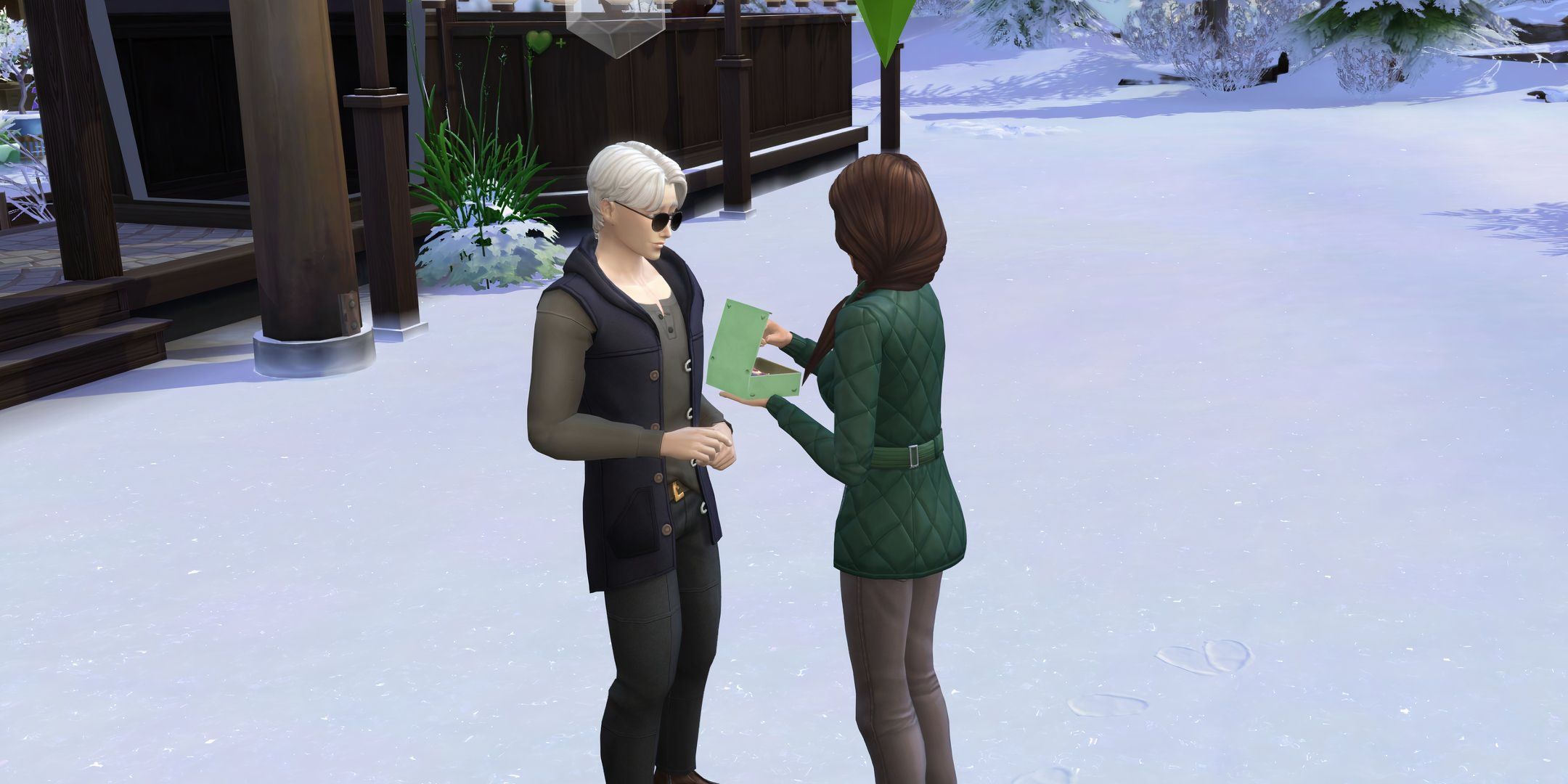 The Sims 4: Lovestruck - A Sim shares a Sweethearts Box with her boyfriend.