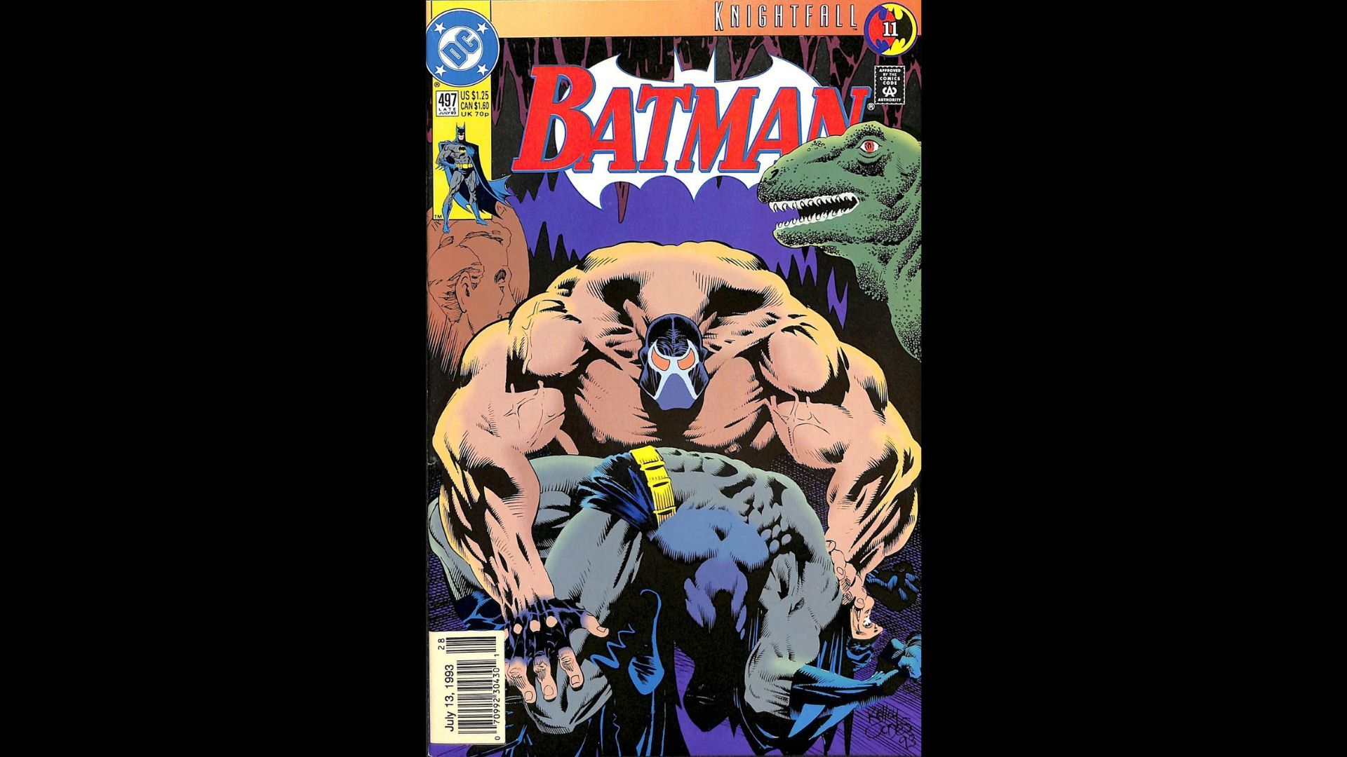 Cover artwork for Batman #497, featuring Bane breaking Batman's back.