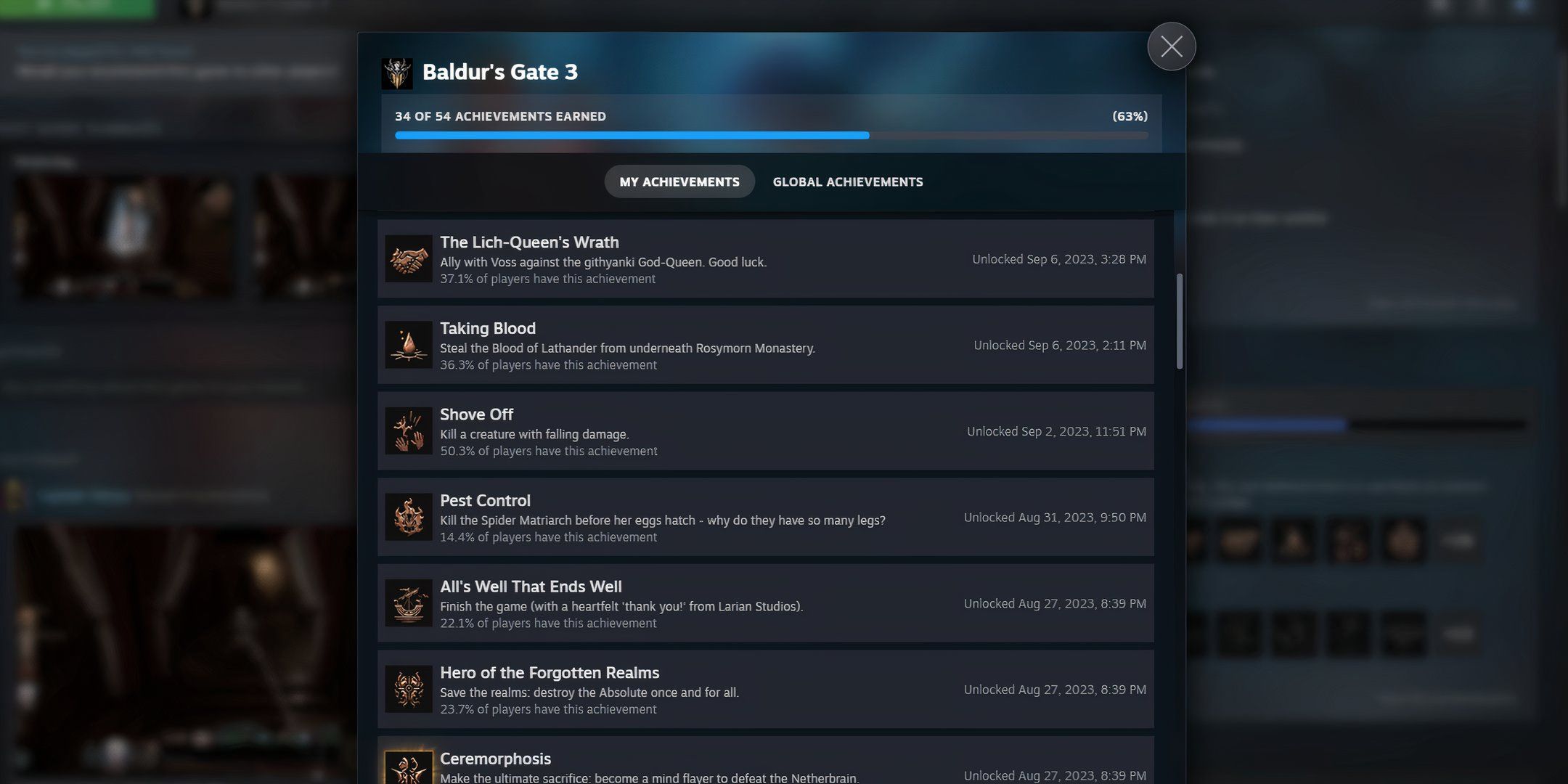Achievement page on steam for Baldur's gate 3