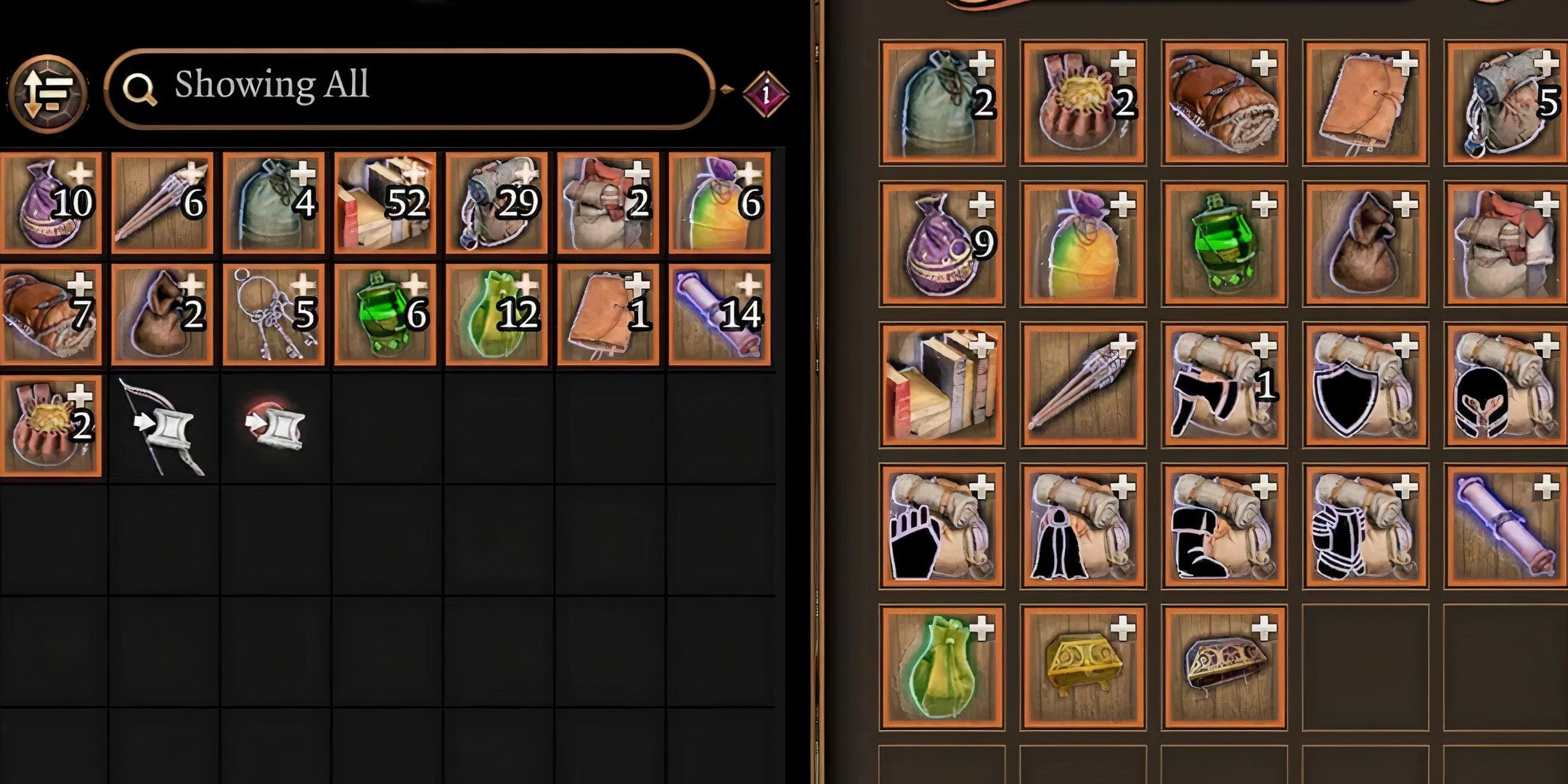 Various bag types in player inventory from the bags bags bags mod in baldur's gate 3