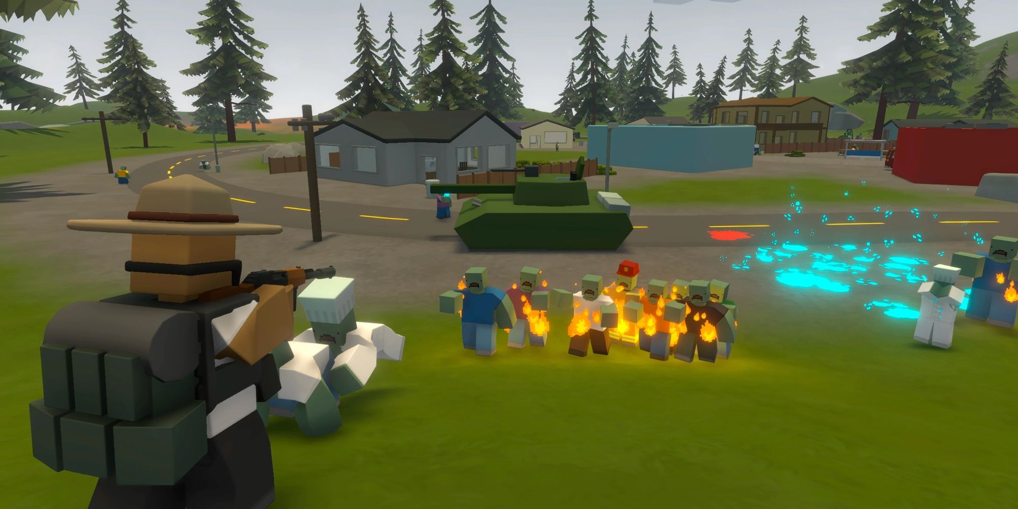 Unturned screenshot of player approaching a horde of zombies whilst a tank patrols nearby.