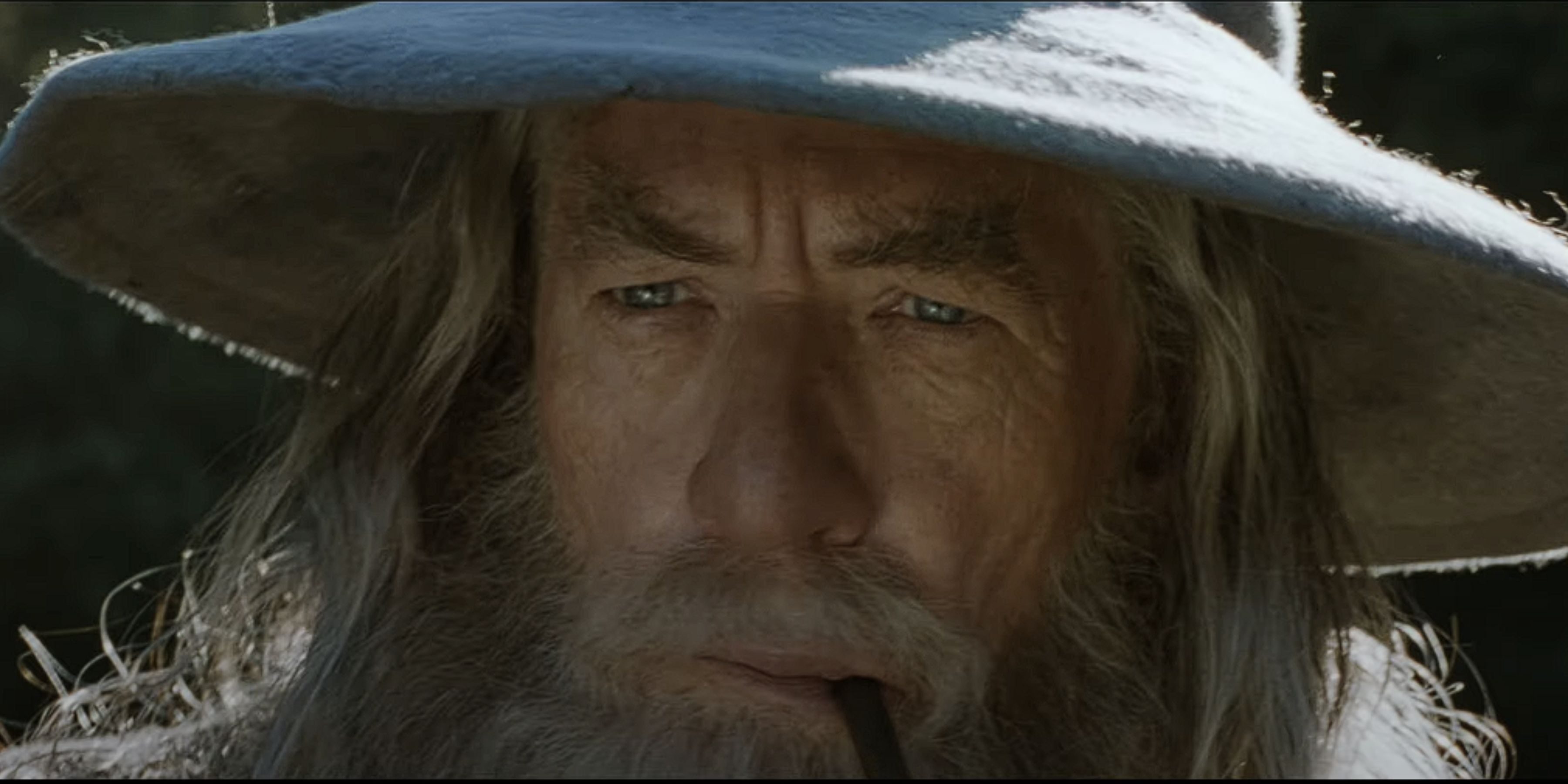 Up-close screenshot of Gandalf with a pipe in his mouth from Fellowship of the Ring.