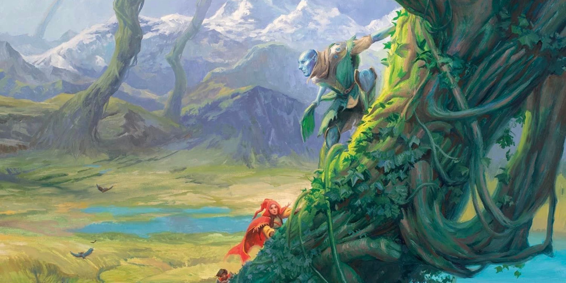 Adventurers climb a beanstalk with mountains in the background.