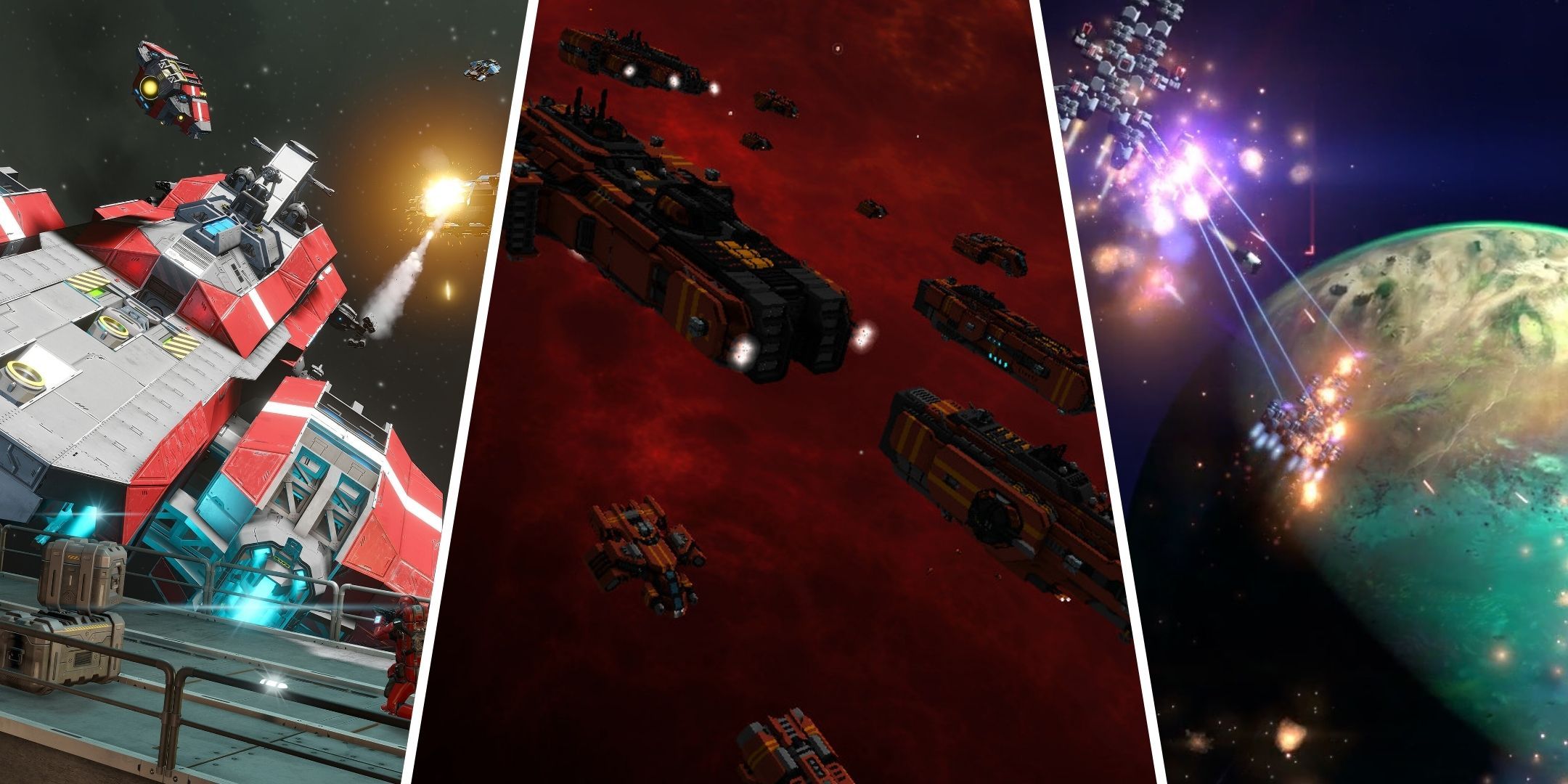 From left to right: a white and red spaceship dangerously close to a space station, a fleet of ships flying together in a red galaxy, and two ships firing lasers at one another above a blue-green planet.