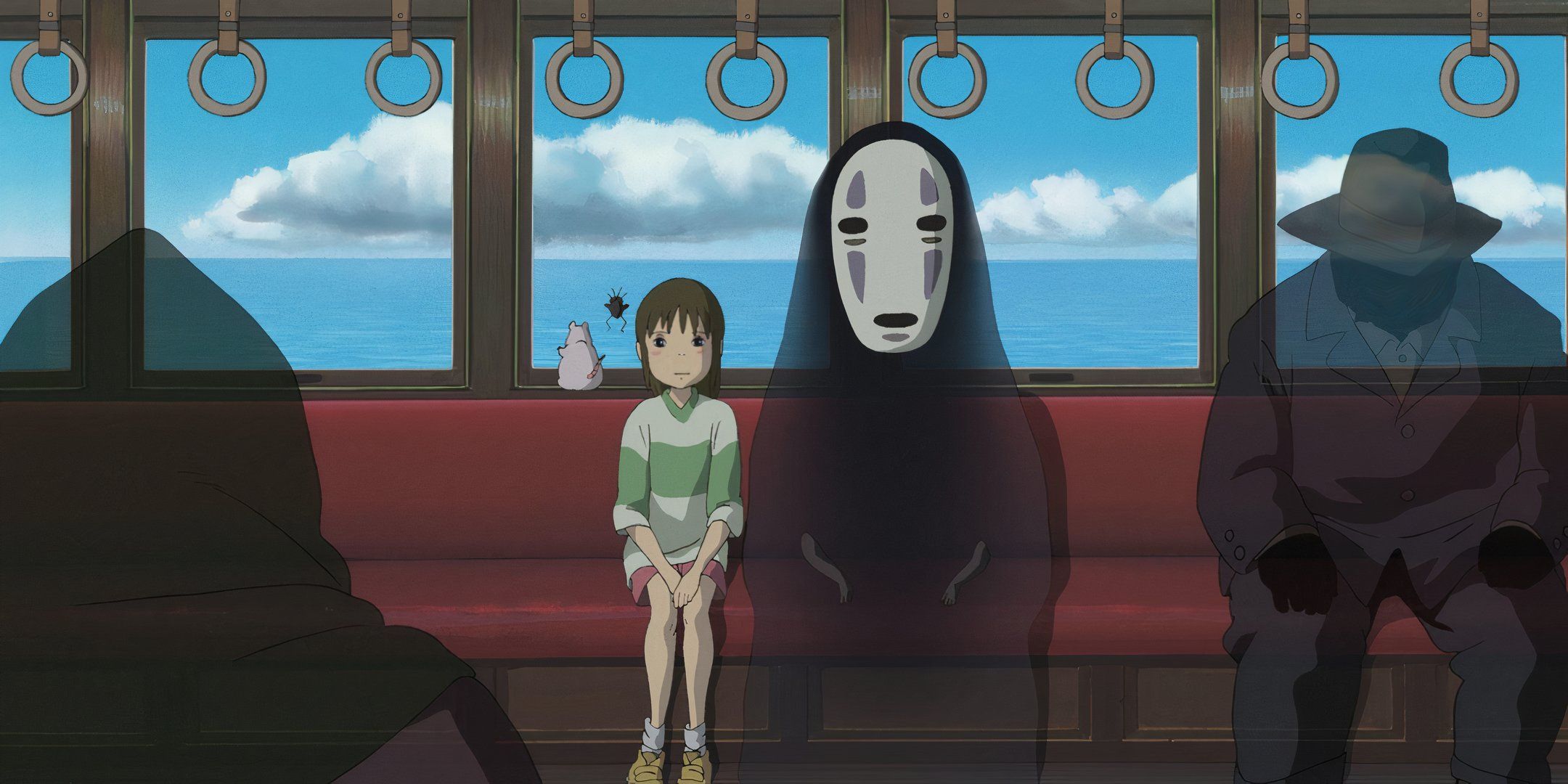 Chihiro and No-face sitting on a train in the Spirit World.