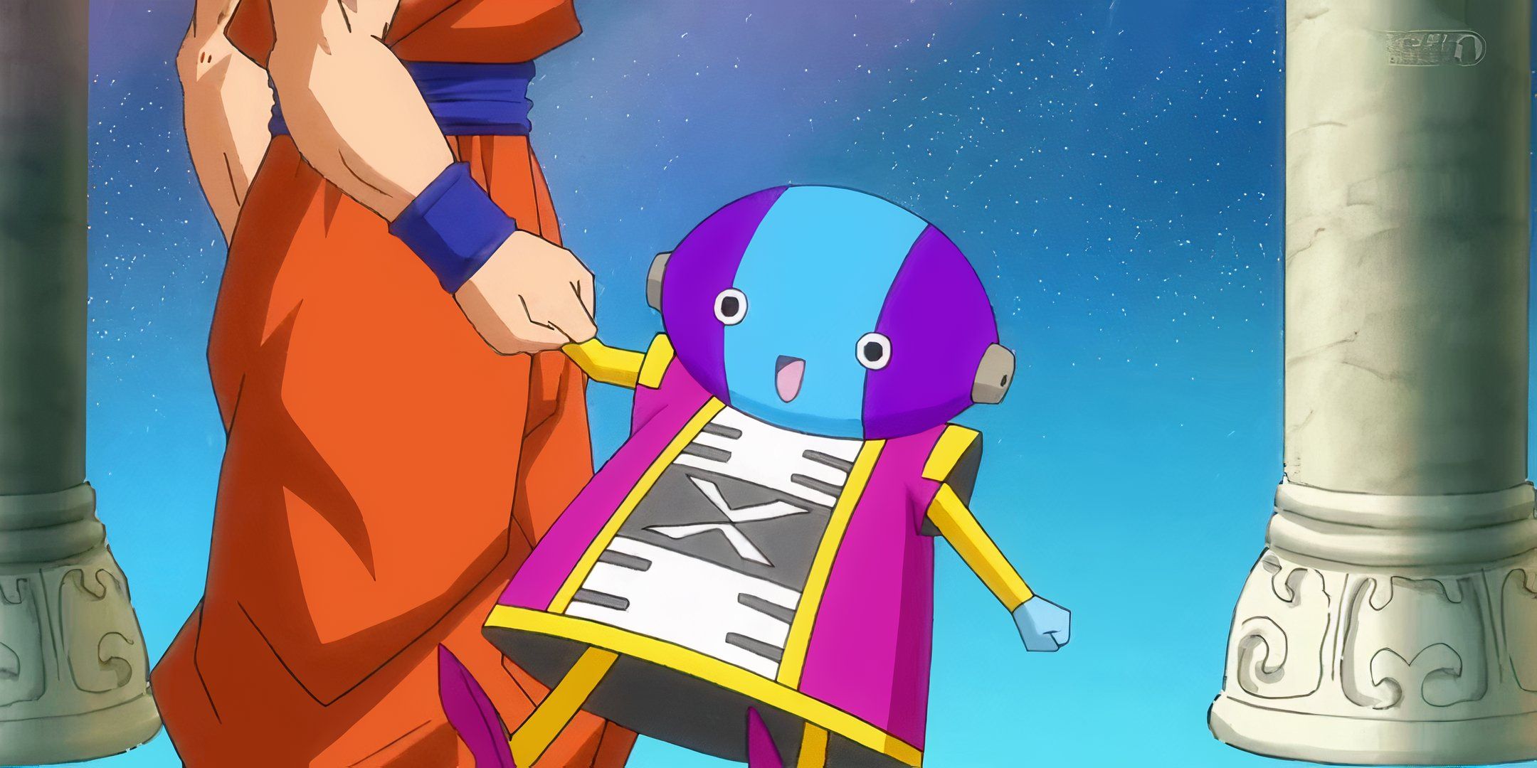 Zeno being help by Goku in Dragon Ball Super.