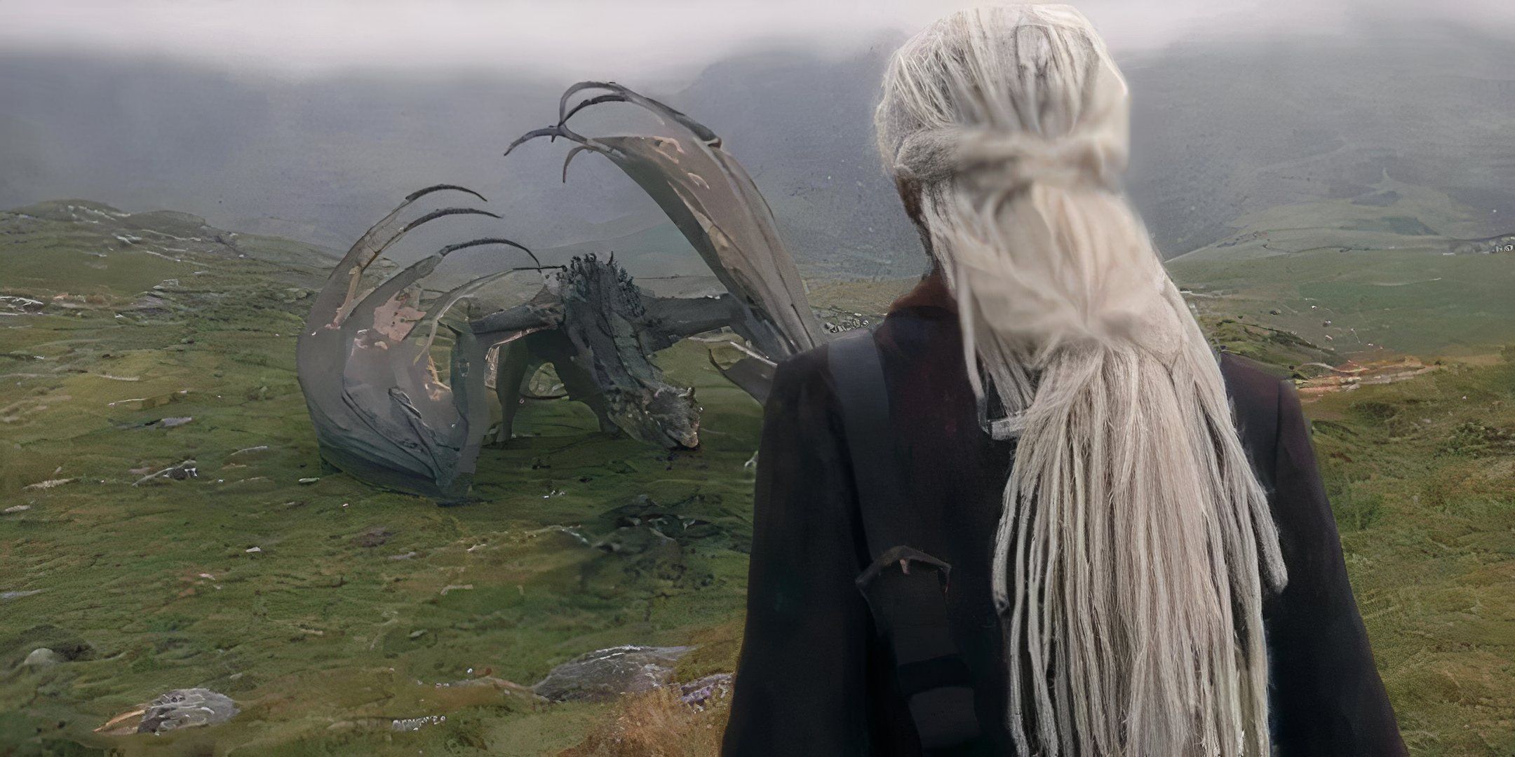 Rhaena staring at the wild dragon Sheepstealer in the Vale of Arryn in House of the Dragon.