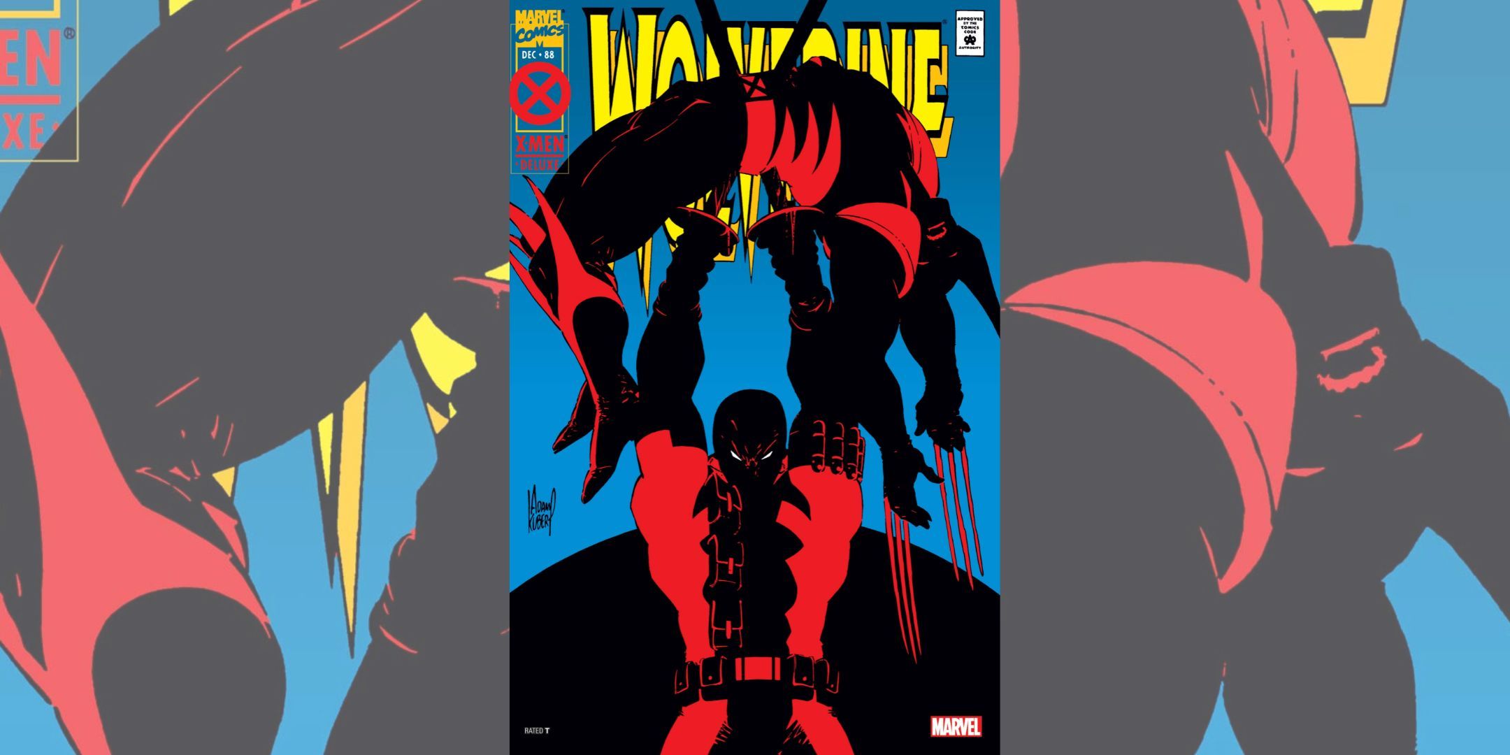 The cover of Wolverine#88, where Deadpool lifts Wolverine's body with his swords.