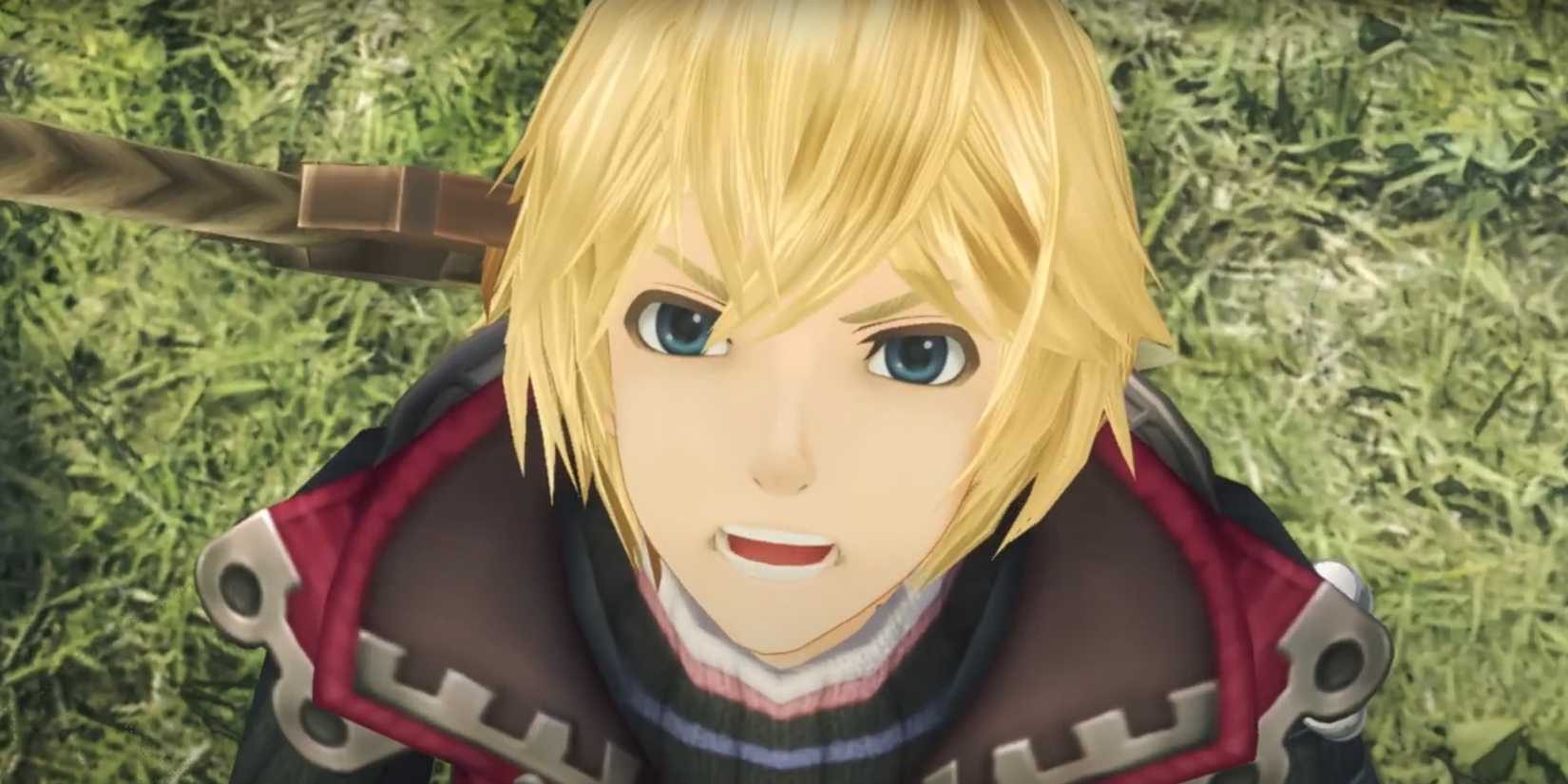 Shulk looking at the sky in a grassy field from Xenoblade Chronicles.