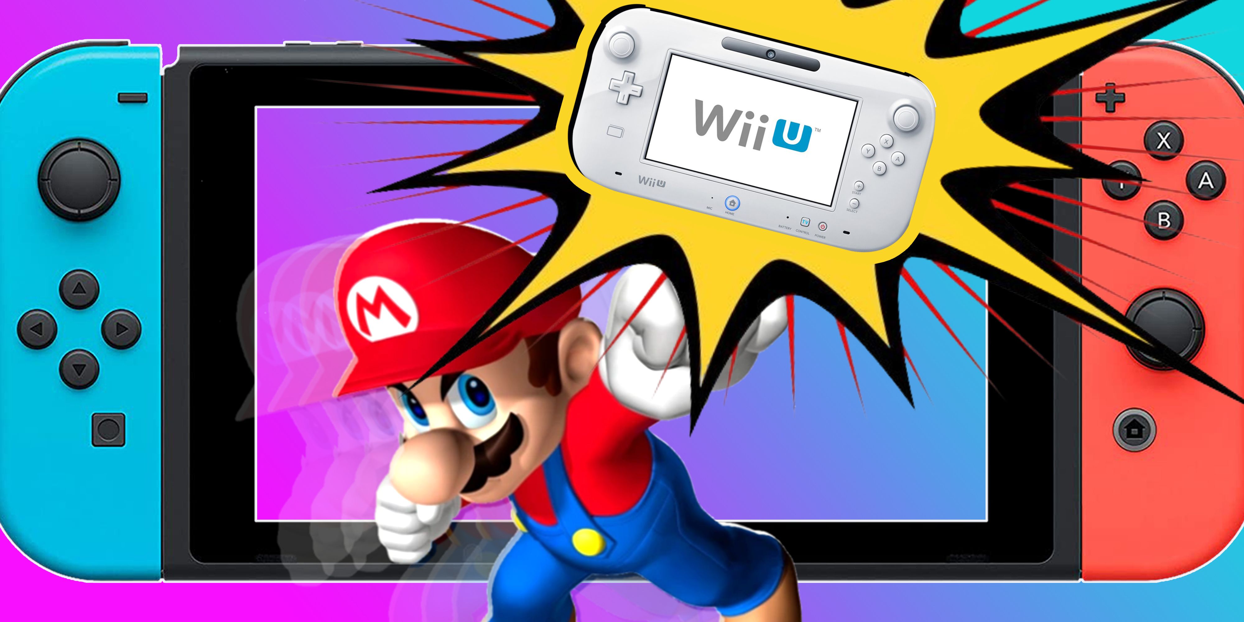 Mario holding up a Wii U in the foreground with a Switch in the background